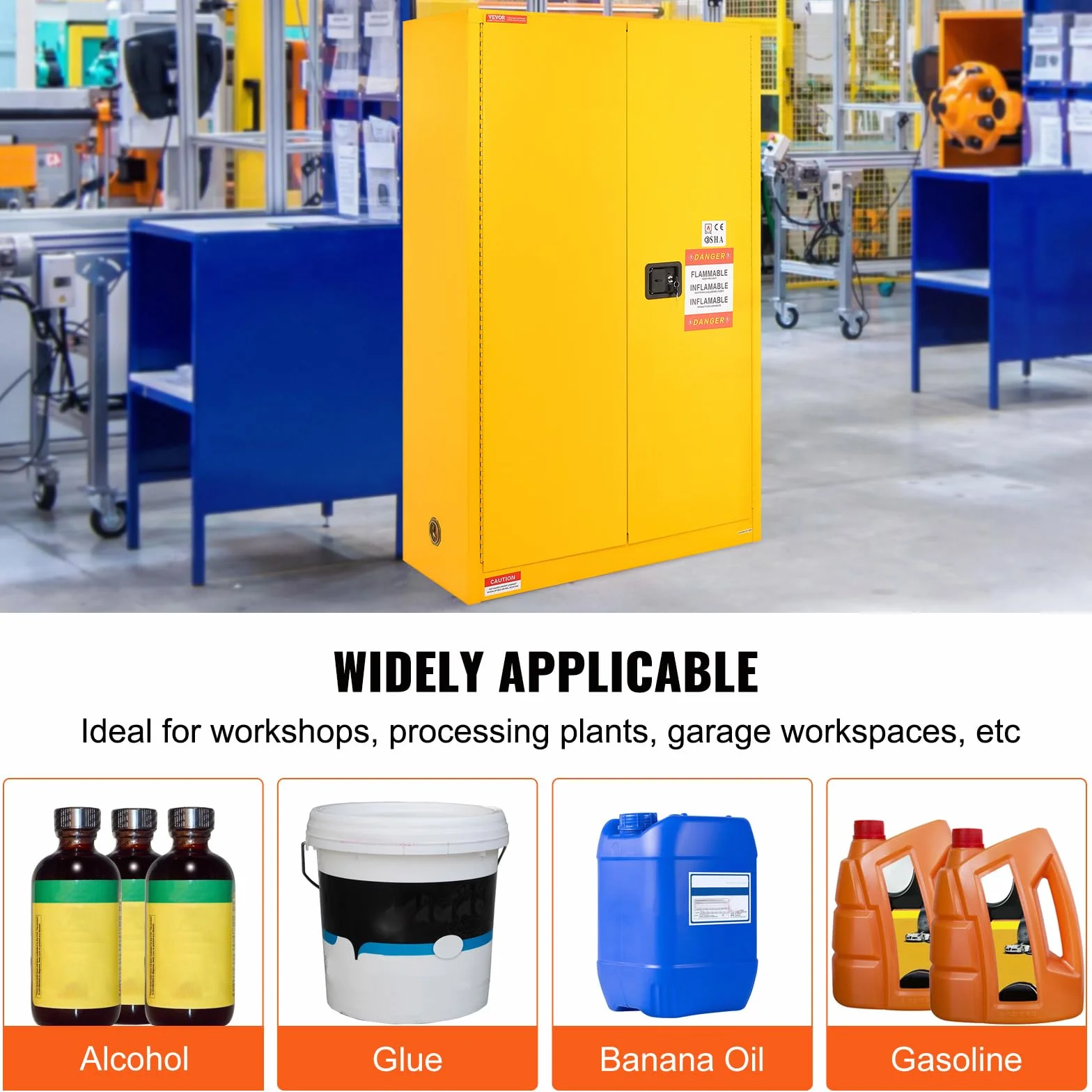 VEVOR Armario de Seguridad para Productos Inflamables 170,3 L 109x46x165,5 cm, Armario Ignífugo para Líquidos Inflamables de Acero Laminado en Frío, con 2 Estantes Regulables, para Uso Industrial