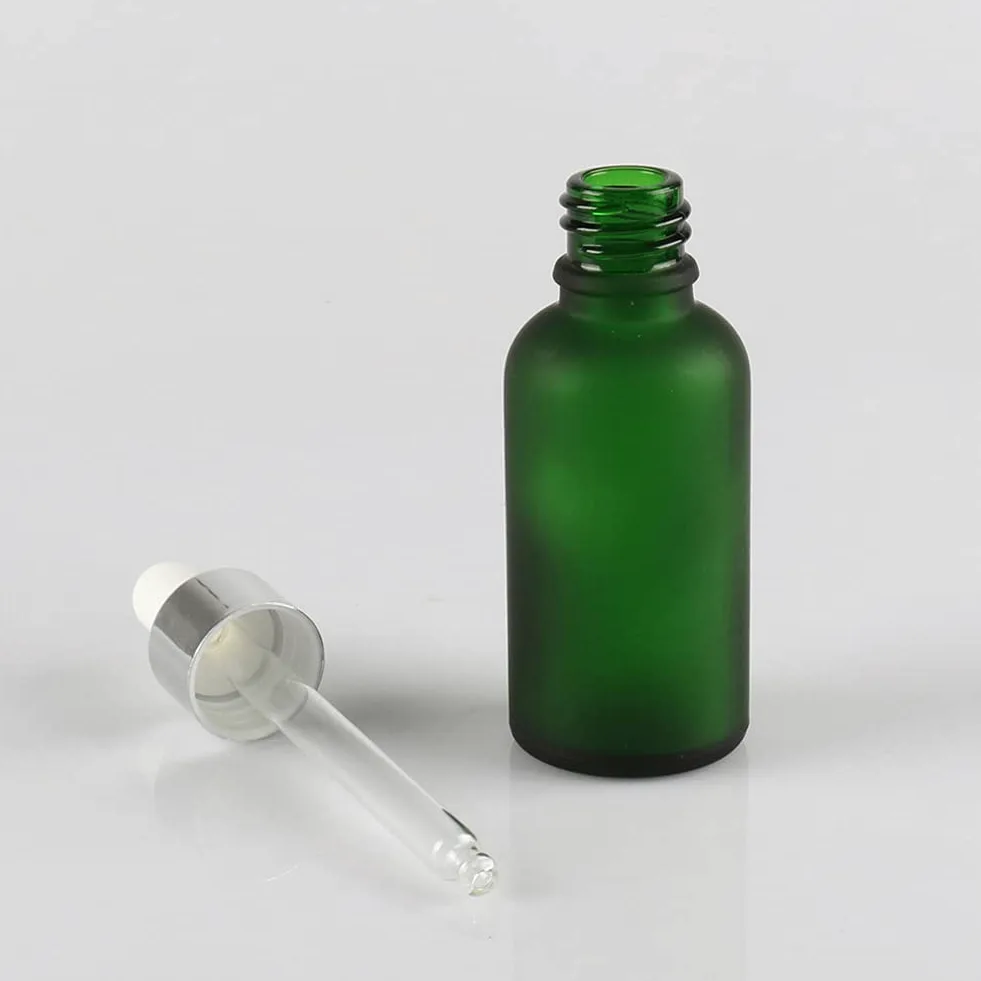 24 Pieza 30ml Verde mate Botellas de Cristal con Pipeta, 30 ml Frasco Cuentagotas Cristal con Tapón de Rosca Plata, Botella de Vidrio con Cuentagotas para Aceite Esencial Aromaterapia