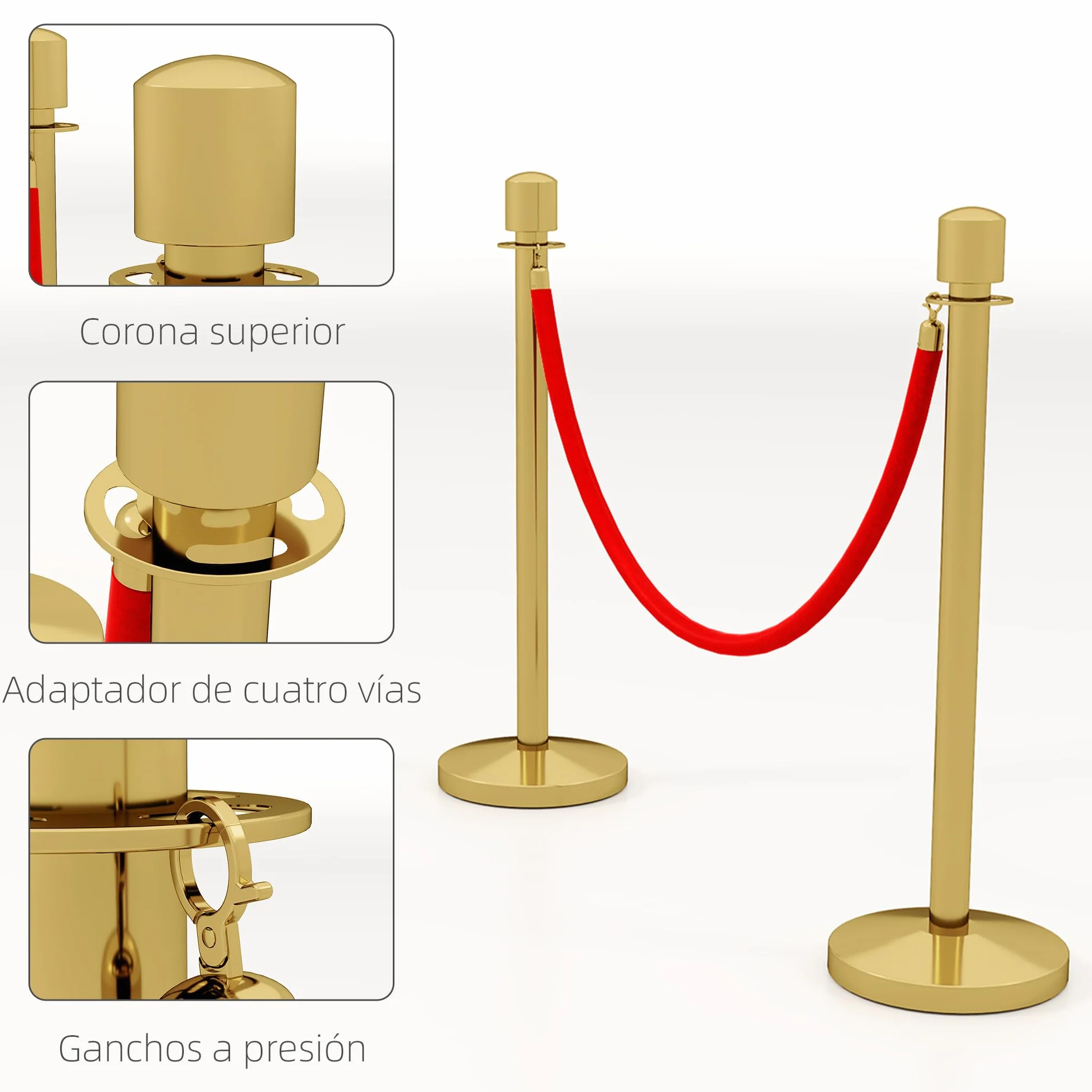 HOMCOM Juego de 2 Postes Separadores de Acero Inoxidable, Barreras de Seguridad con Cuerda de Terciopelo Roja 1,5 m y Base Rellenable de Agua, Dorado