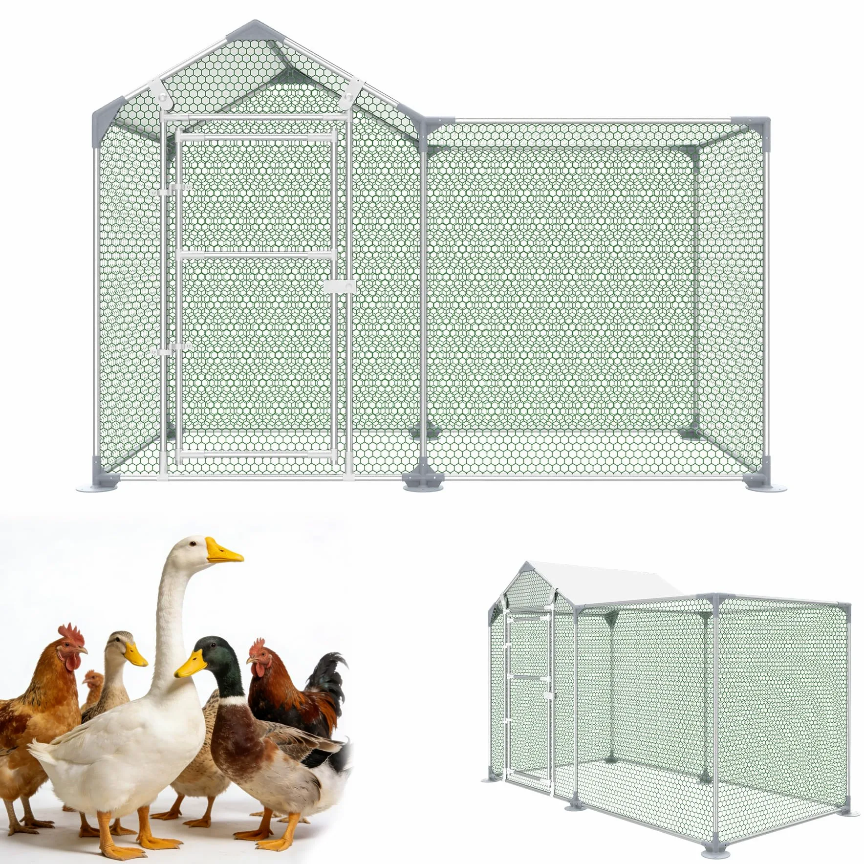 LARS360 Gallinero de acero galvanizado, 2 x 1 x 1,5 m con protección solar, jaula estable para gallinas con puerta con cerradura, cercado para aves de corral para pollos, patos y gansos