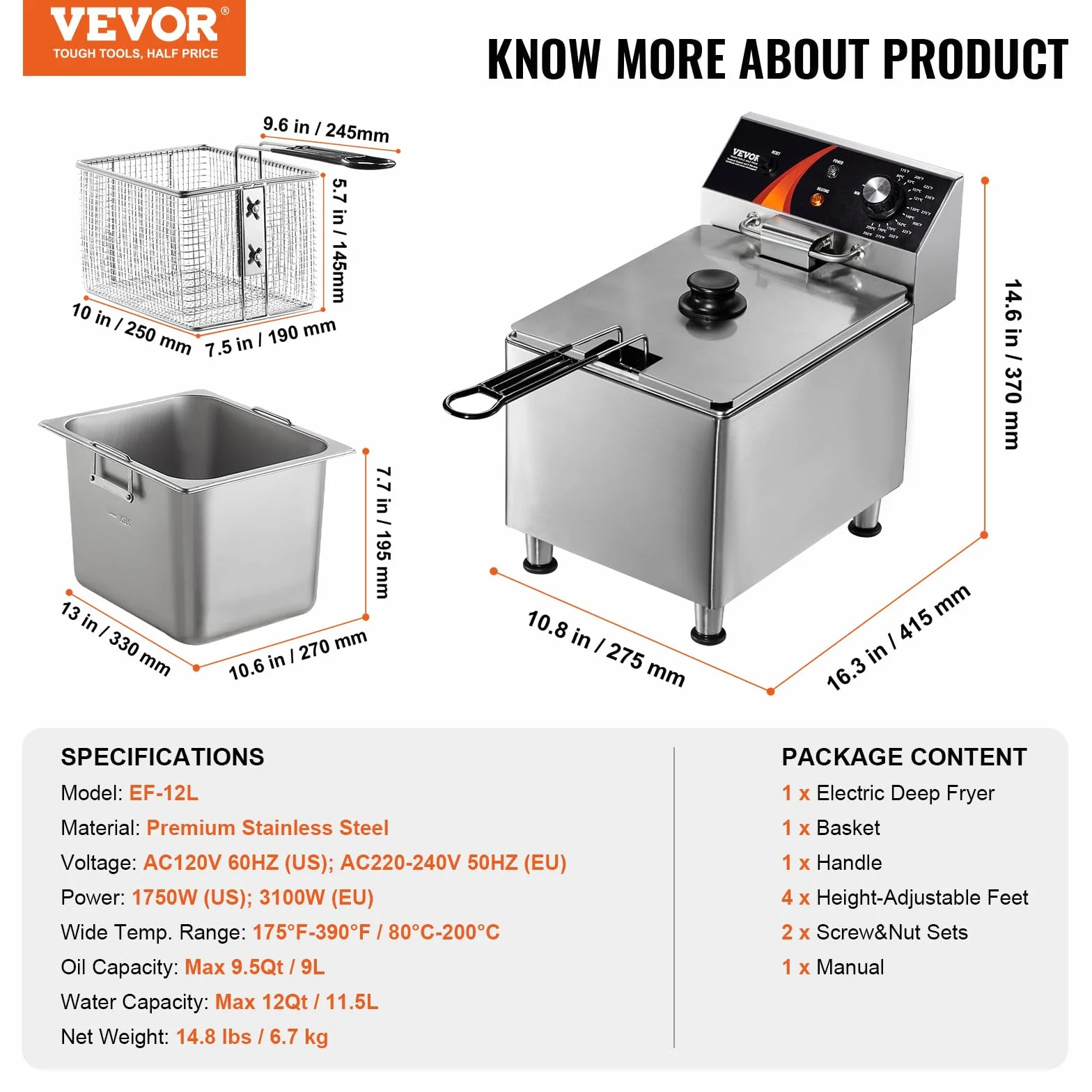 VEVOR Freidora Eléctrica Comercial de Encimera 3100 W con Cesta, Patas Regulables en Altura, Individual en Acero Inoxidable 11,5 L, Control de Temperatura, Uso en Restaurantes, 275 x 415 x 370 mm