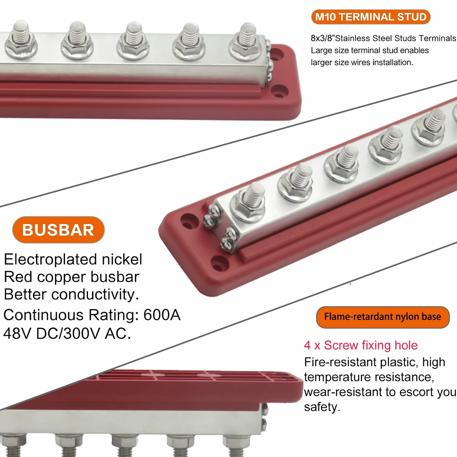Bus Bar Barra colectora de 600A bloque de distribución de energía de cobre de 300V CA/ 48V CC con terminales de cableado de pernos de 8x M10 Busbar 600 Amp para Auto/Marinos/Solares, rojo