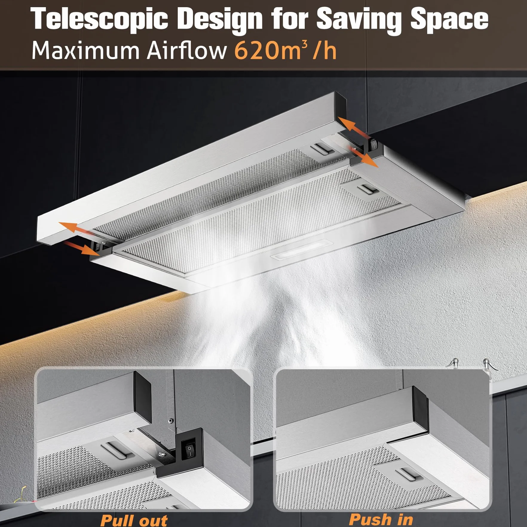 Campana Extractora 60 cm Telescopica 620 m³/h Acero Inoxidable LED 2 Filtros Grasa