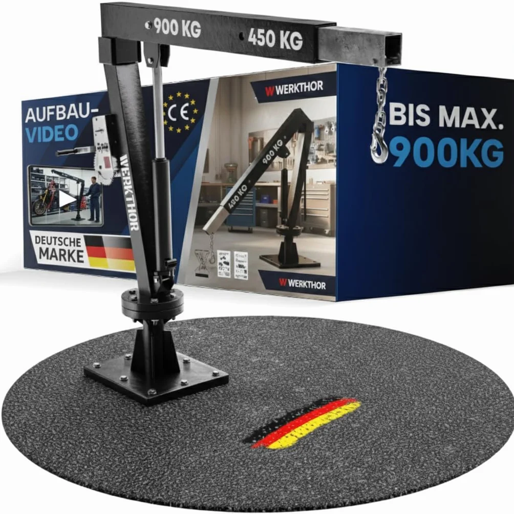 WERKTHOR Grúa de carga para Pick Up 900 kg con cabrestante e hidráulica – Grúa Pick Up para remolque y plataforma giratoria 360° – Mini grúa incl. material de montaje y base sólida – Grúa de taller