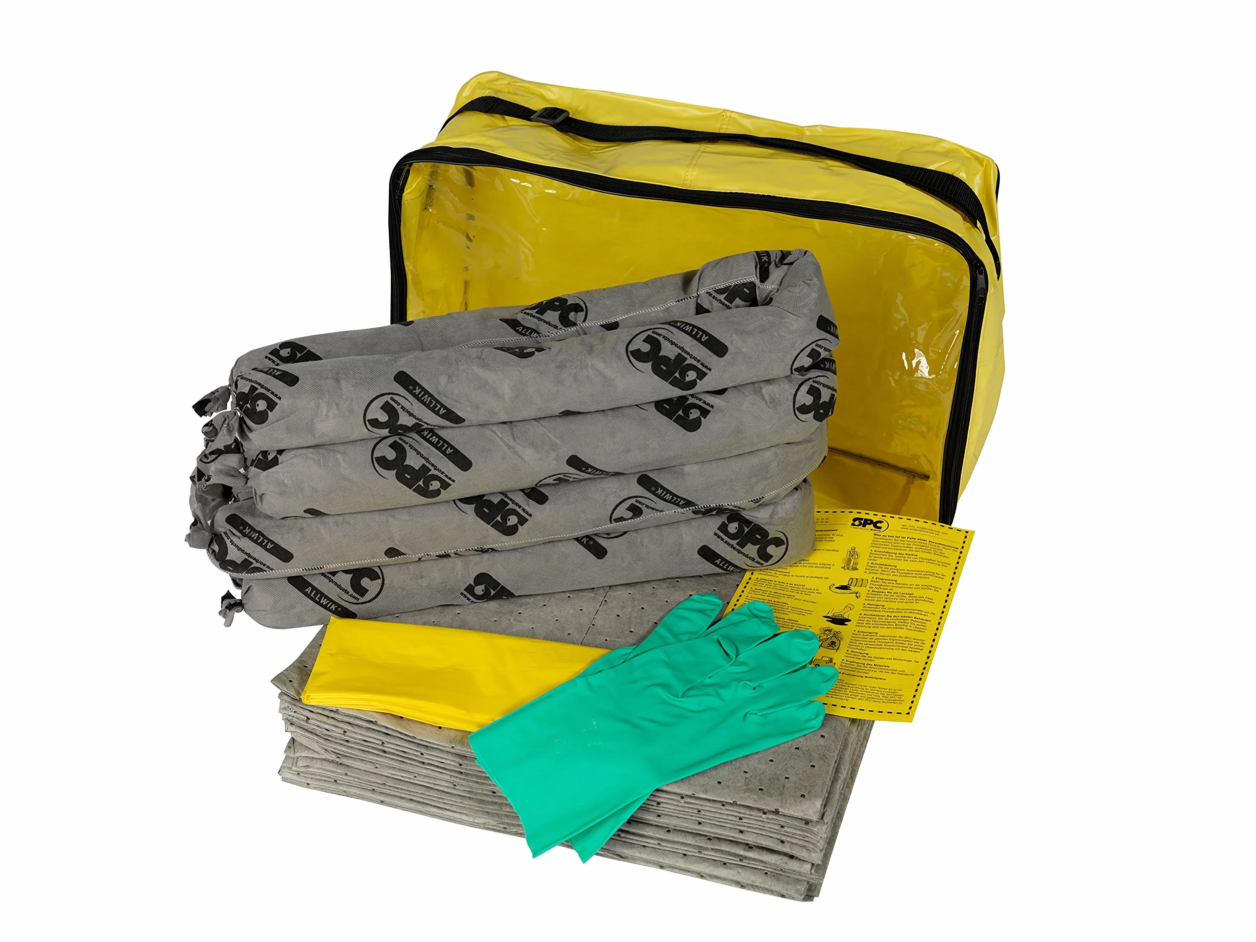 SPC® by Brady Kit Anticontaminación Universal – Kit Portátil para Derrames de Aceites, Agua, Solventes y Refrigerantes, Incluye 25 Almohadillas Absorbentes, 4 Calcetines, Guantes y Bolsa para Desechos