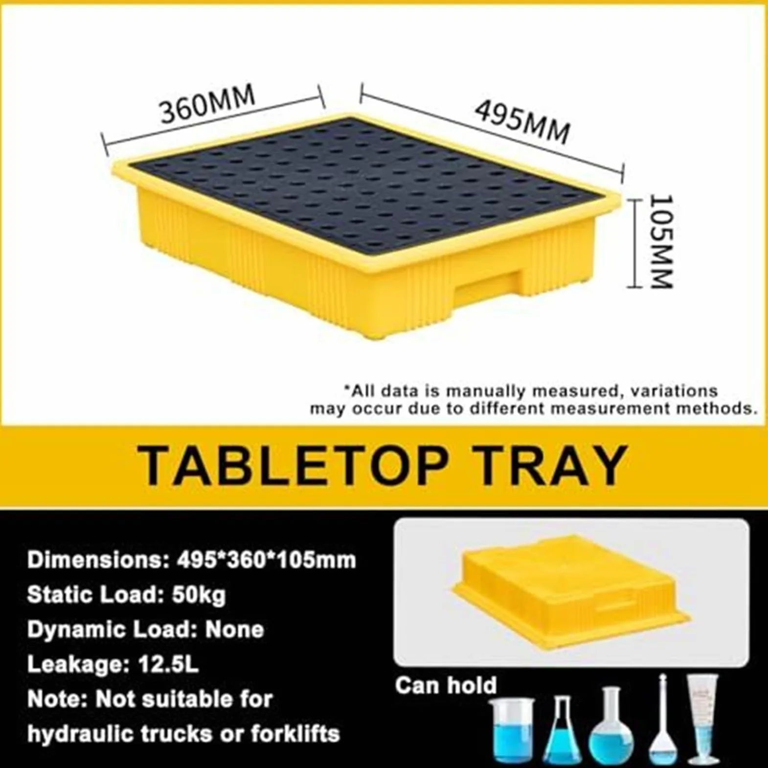 Cubeta de Retencion con Desague y Entradas de Carretilla, Palet Antiderrame de HDPE for Garaje, Plataforma Modular con Rejilla Desmontable, Control de Derrame Secundario(50 * 36 * 10cm)