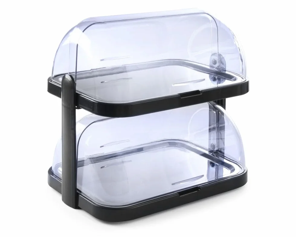 HENDI Expositor refrigerado con cubierta deslizante roll-top, conjunto exhibidor de alimentos de 2 niveles con bandejas de acero inoxidable y 4 bloques refrigerantes, 440x320x(H)440mm, negro, ABS, SAN