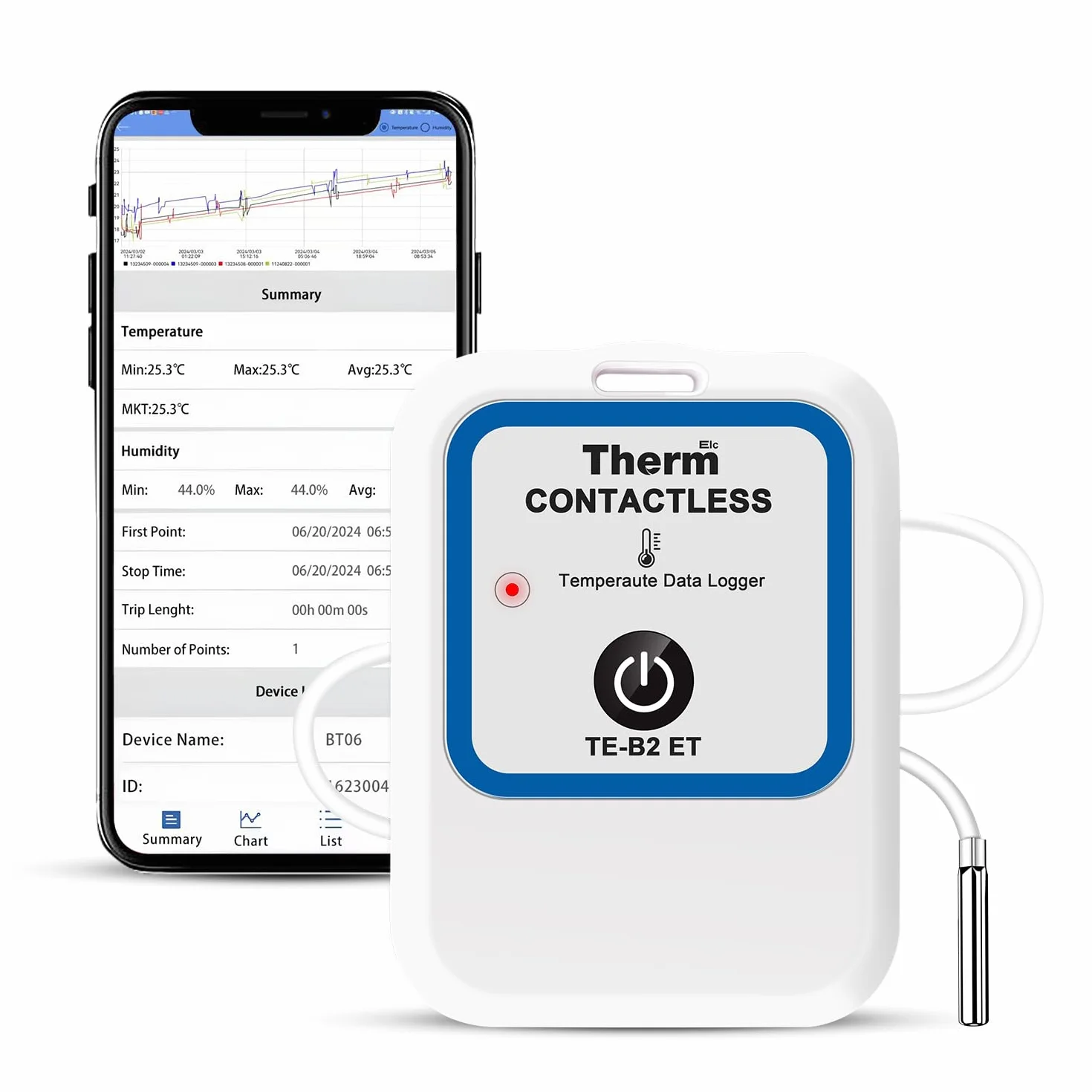 ThermElc TE-B2 ET Bluetooth Registrador de datos de temperatura inalámbrico con sonda externa, comparación de datos de múltiples dispositivos, Monitoreo del almacenamiento congelado