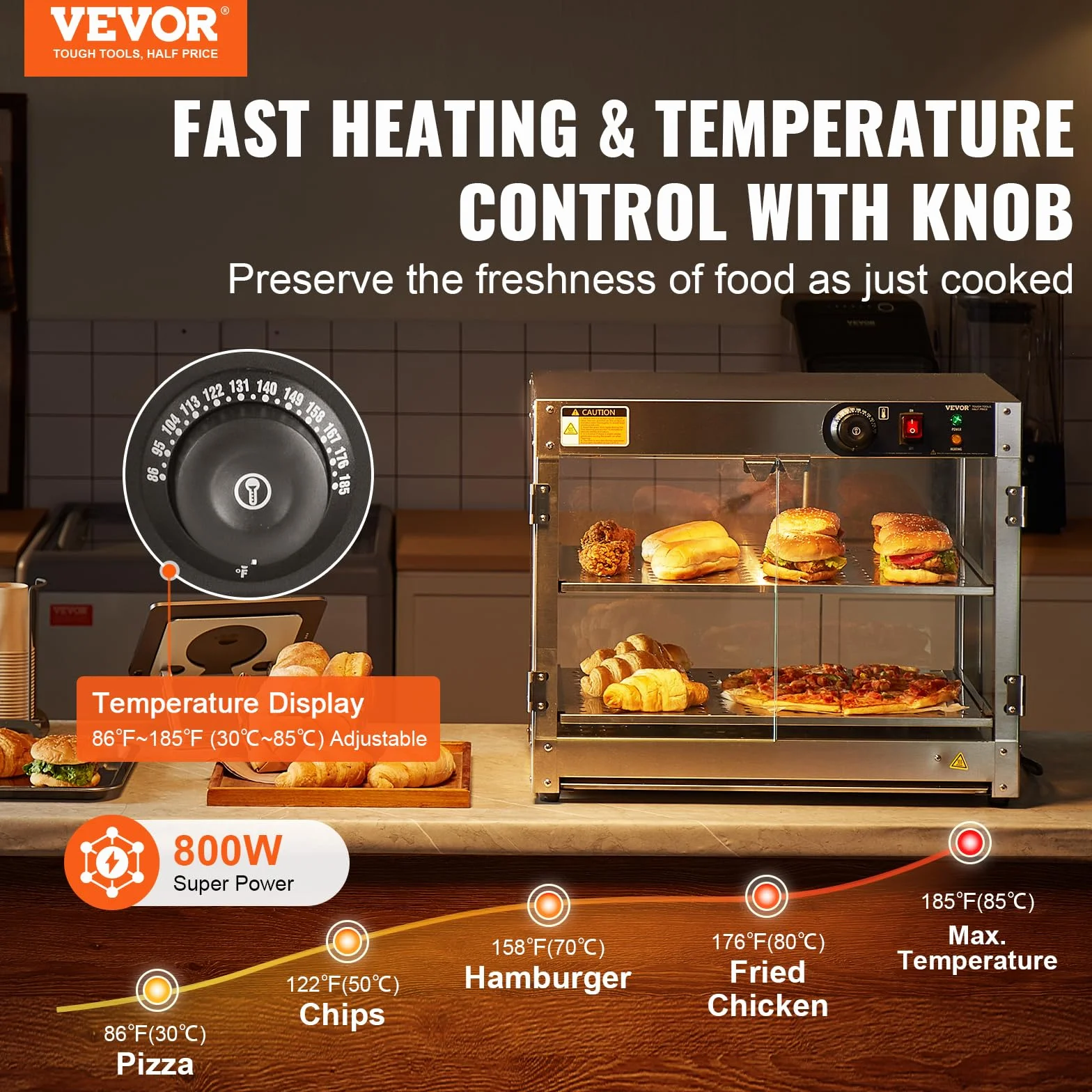 VEVOR Calentador de Alimentos Comercial de 2 Niveles, 800 W con Luz para Mejorar la Exhibición de los Alimentos, Control de Temperatura de 30~85 ℃, Gran Capacidad de 58 L, 610 x 380 x 510 mm, Plata