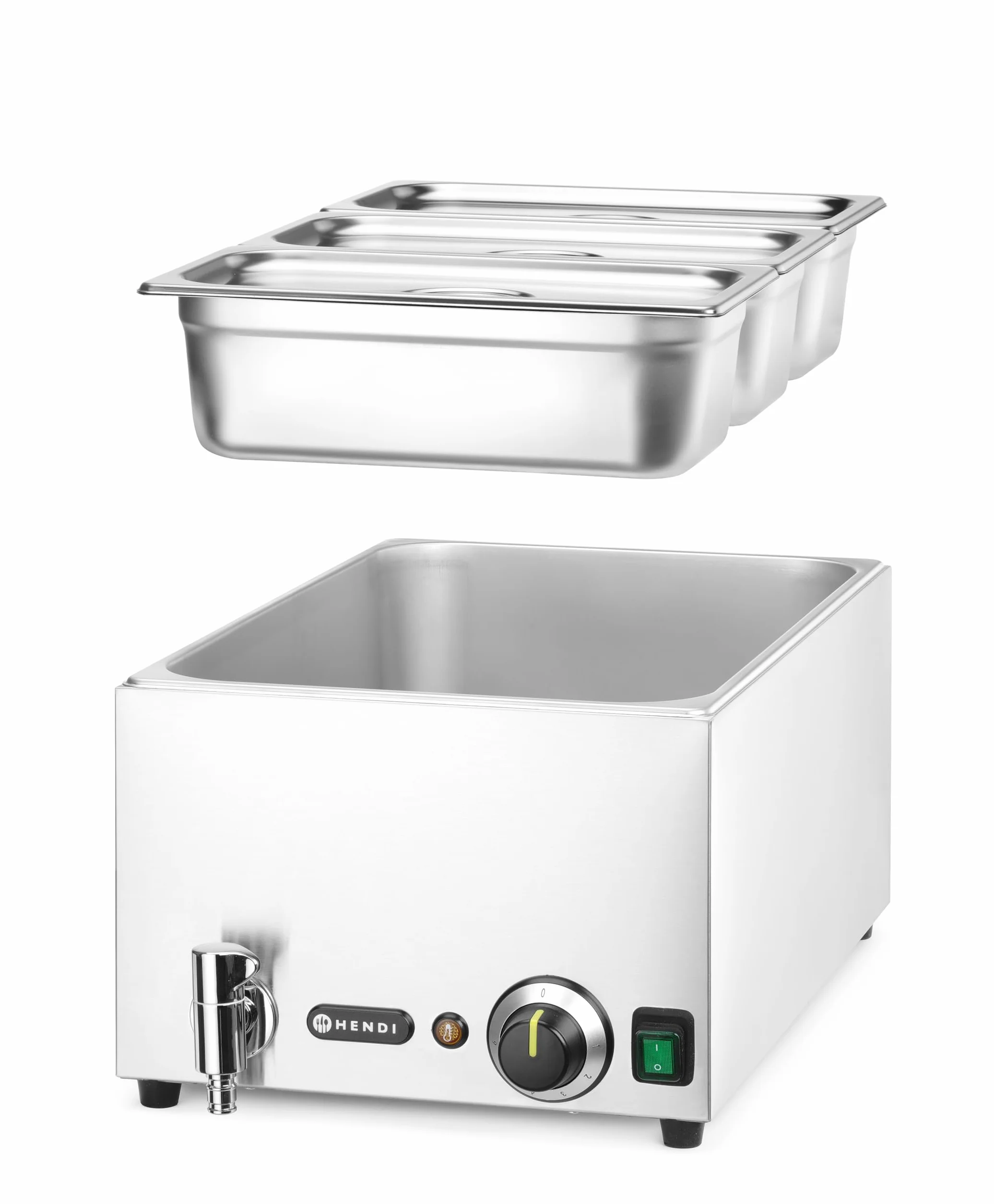 HENDI Baño María eléctrico, con grifo, sistema de calentamiento al baño María, temperatura regulable 30 °C a 85 °C, incluye 3 x GN1/3 con tapa, 19L, 230V, 1000W, 605x332x(H)242mm, acero inoxidable