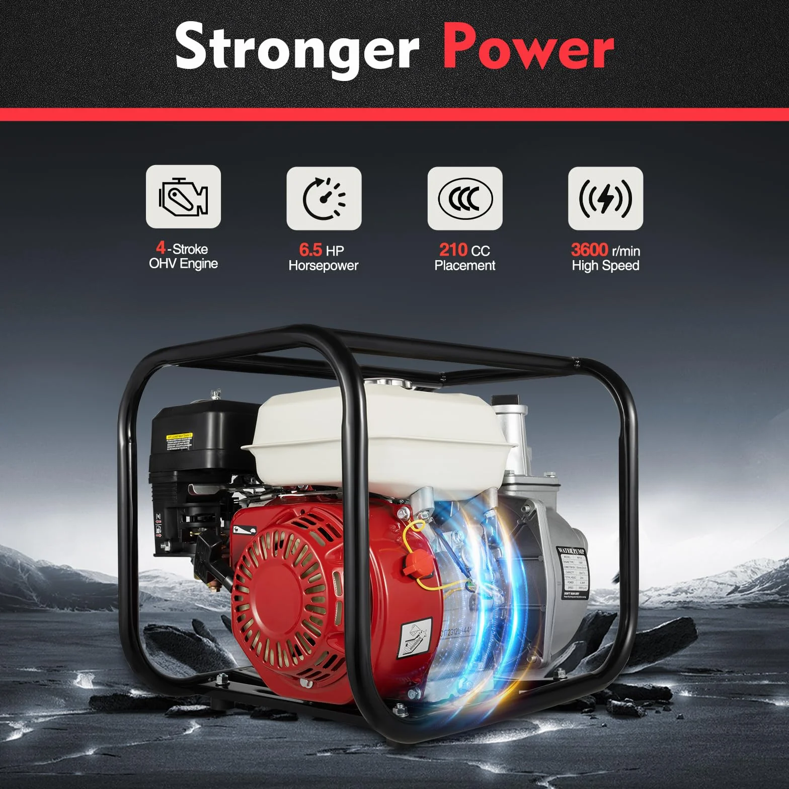 Bomba de agua de gasolina, motor de 4 tiempos, 210 CC, 6,5 CV, bomba de jardín con conexión de 2 pulgadas, arranque por cable, depósito de combustible de 3,6 l, altura de extracción de 28 m