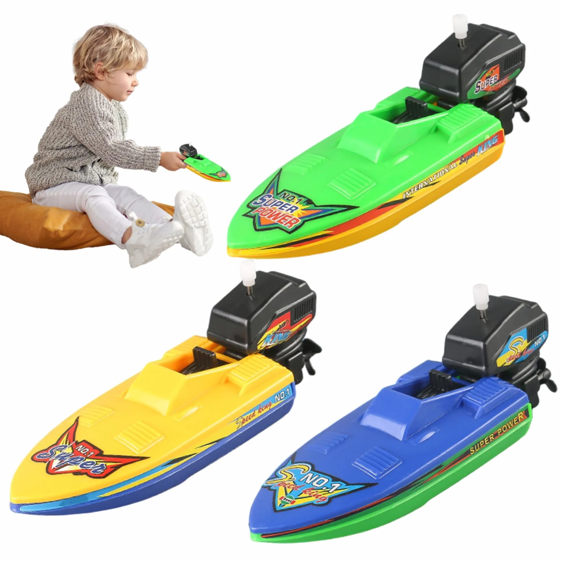 Barco de Juguete Flotante a Cuerda 3 Piezas Lancha Motora para Baño Niños +3 Años