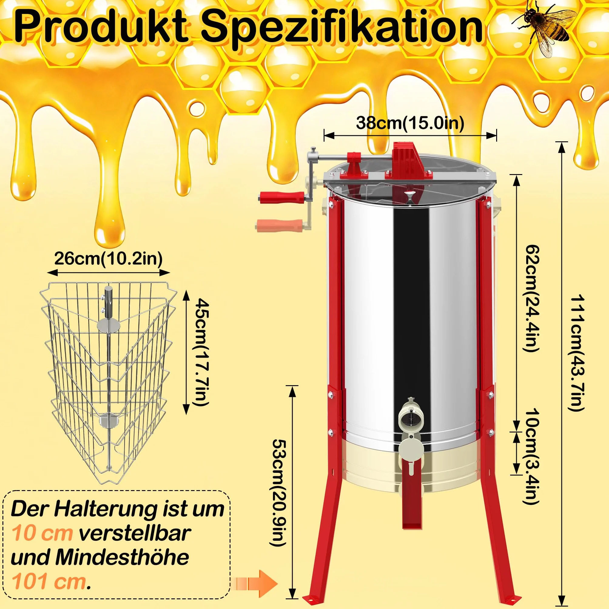 UISEBRT Extractor de miel manual de acero inoxidable con 3 panales, extractor de miel con tapa y soporte ajustable, 101-111 cm, exprimidor de miel manual para apicultores, diámetro de 38 cm