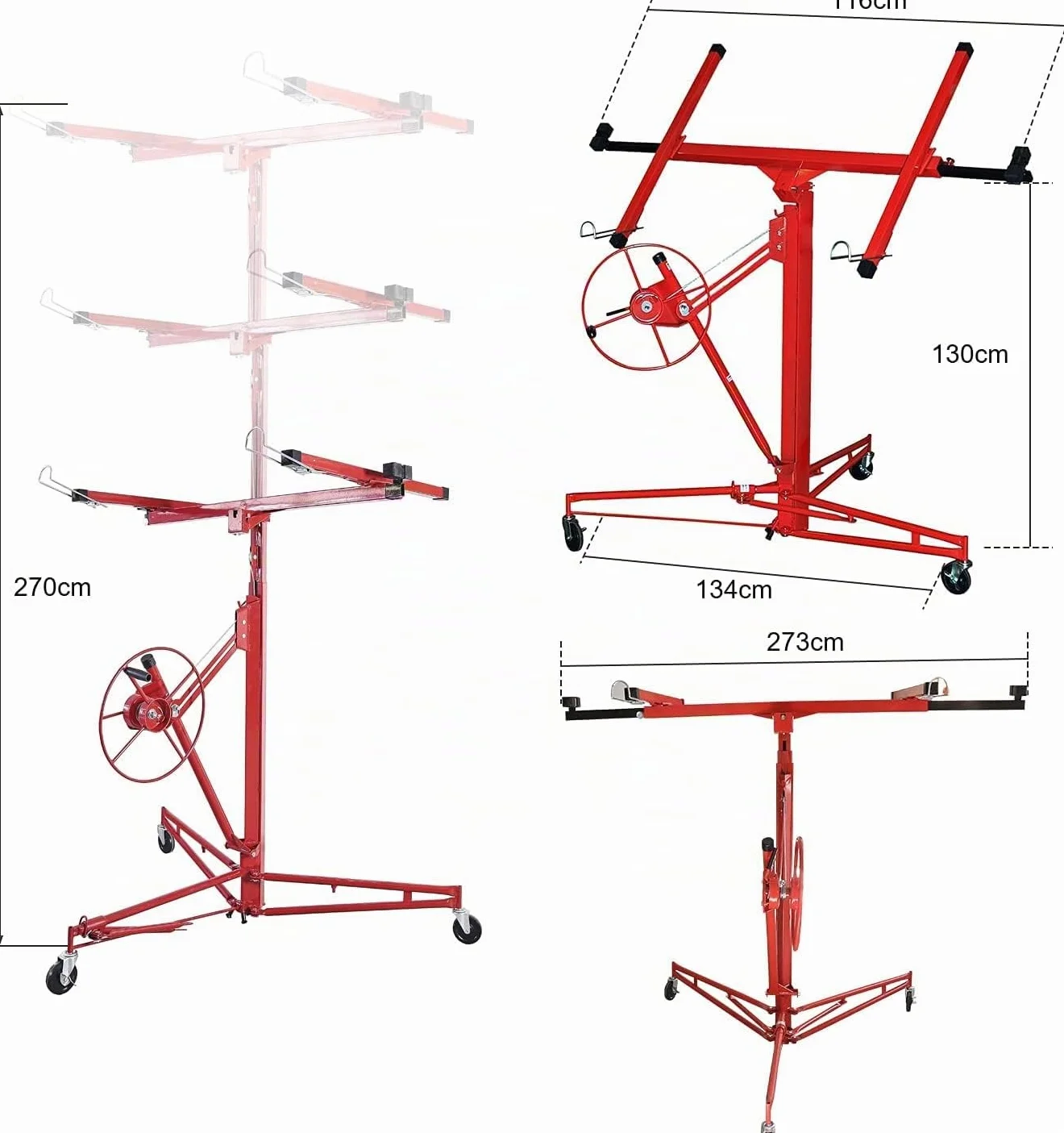 Elevador de placas plegable XXL, 140-350 cm de altura de trabajo, ajustable en altura para placas de yeso, 68 kg de carga, 290 cm de ancho máximo del brazo de carga