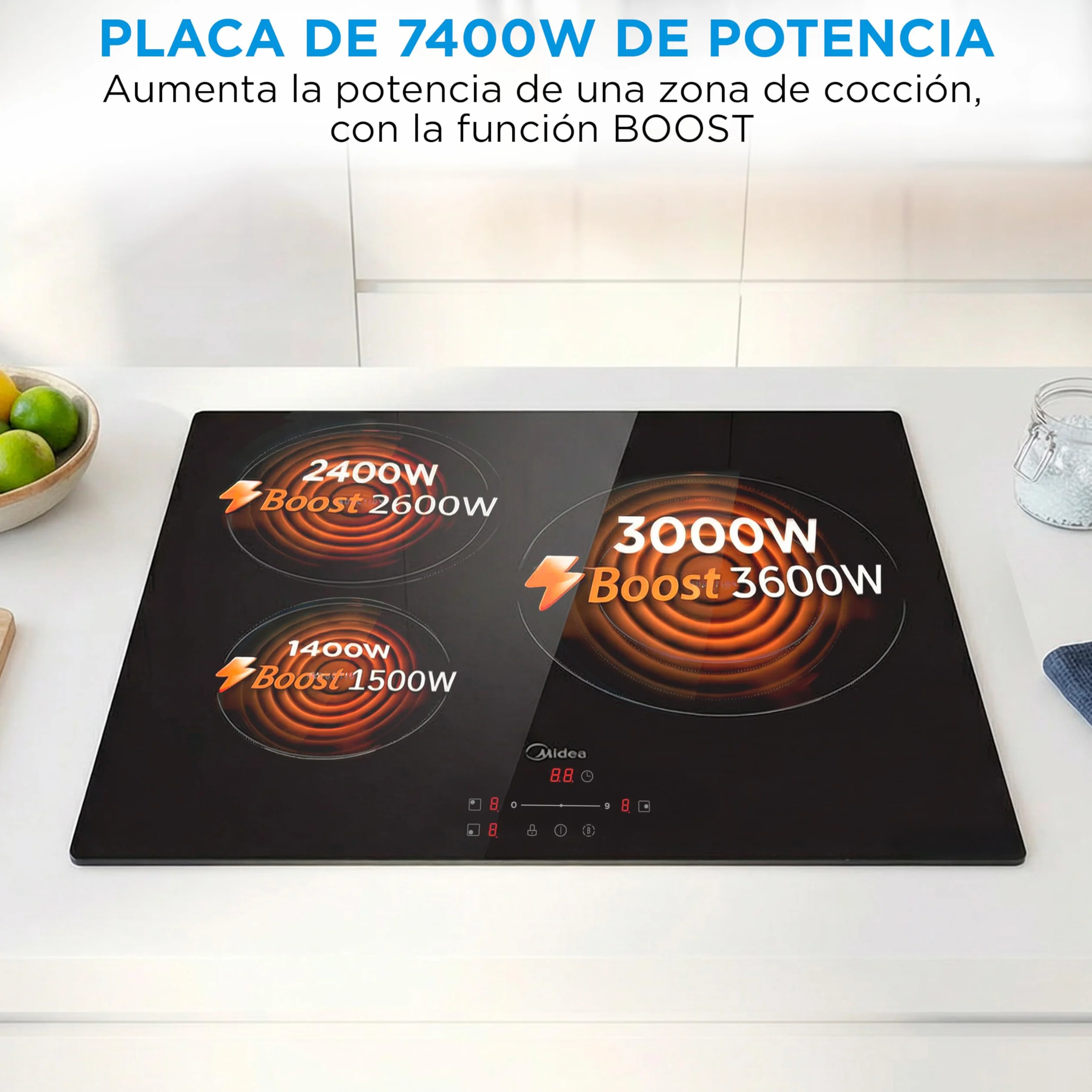 MIDEA Placa Inducción 3 Fuegos 60 cm 7400 W Vitrocerámica Integrada Panel Táctil Inverter Quattro Booster Temporizador