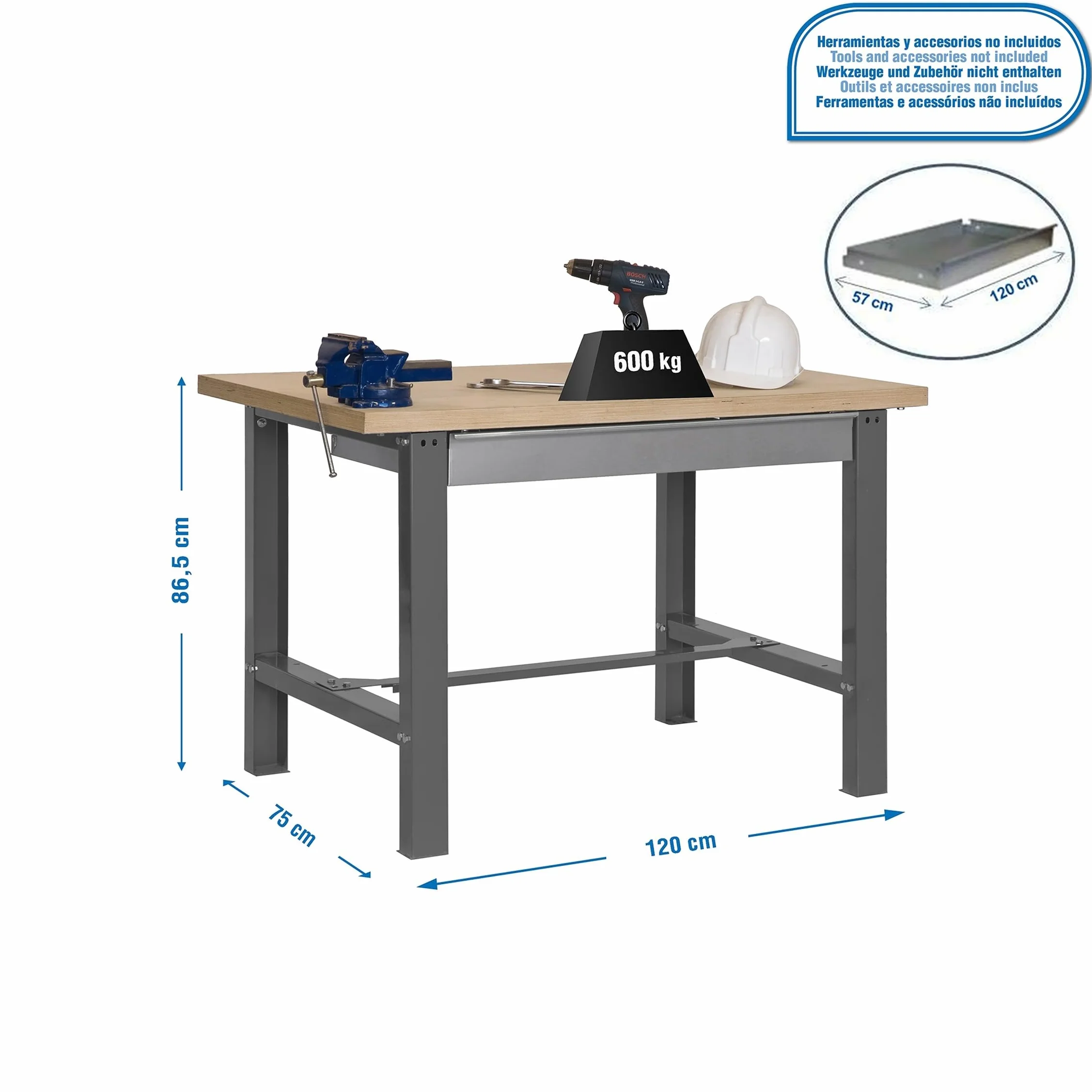 Simon Rack Banco de Trabajo Taller BT6, 600 kg, 865x1200x750 mm, Mesa con Cajón, Gris/Madera MDF