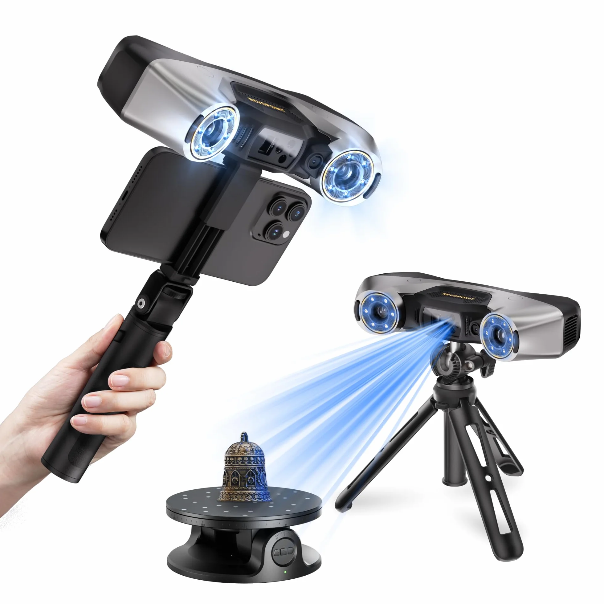 Revopoint MetroY Pro Escáner 3D para Impresión 3D, 5 Modos de Escaneo, Precisión hasta 0,01 mm, Escáner Portátil Láser Azul Industrial 34+15+1, Campo Completo de 62 Líneas, Vista Previa en Tiempo Real