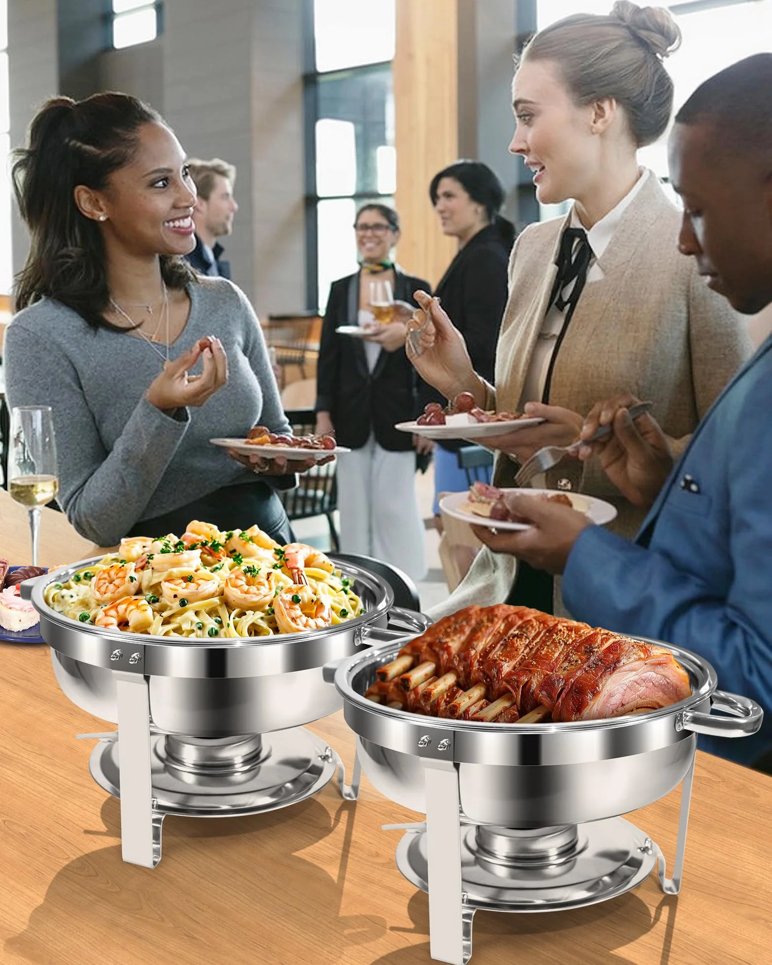 Chafing Dish Buffet Set 5L 2 Fuentes Redondas Acero Inoxidable Grado Alimentario Borde Enrollado Seguro Porta Tapas Acabado Espejo Calentador Alimentos