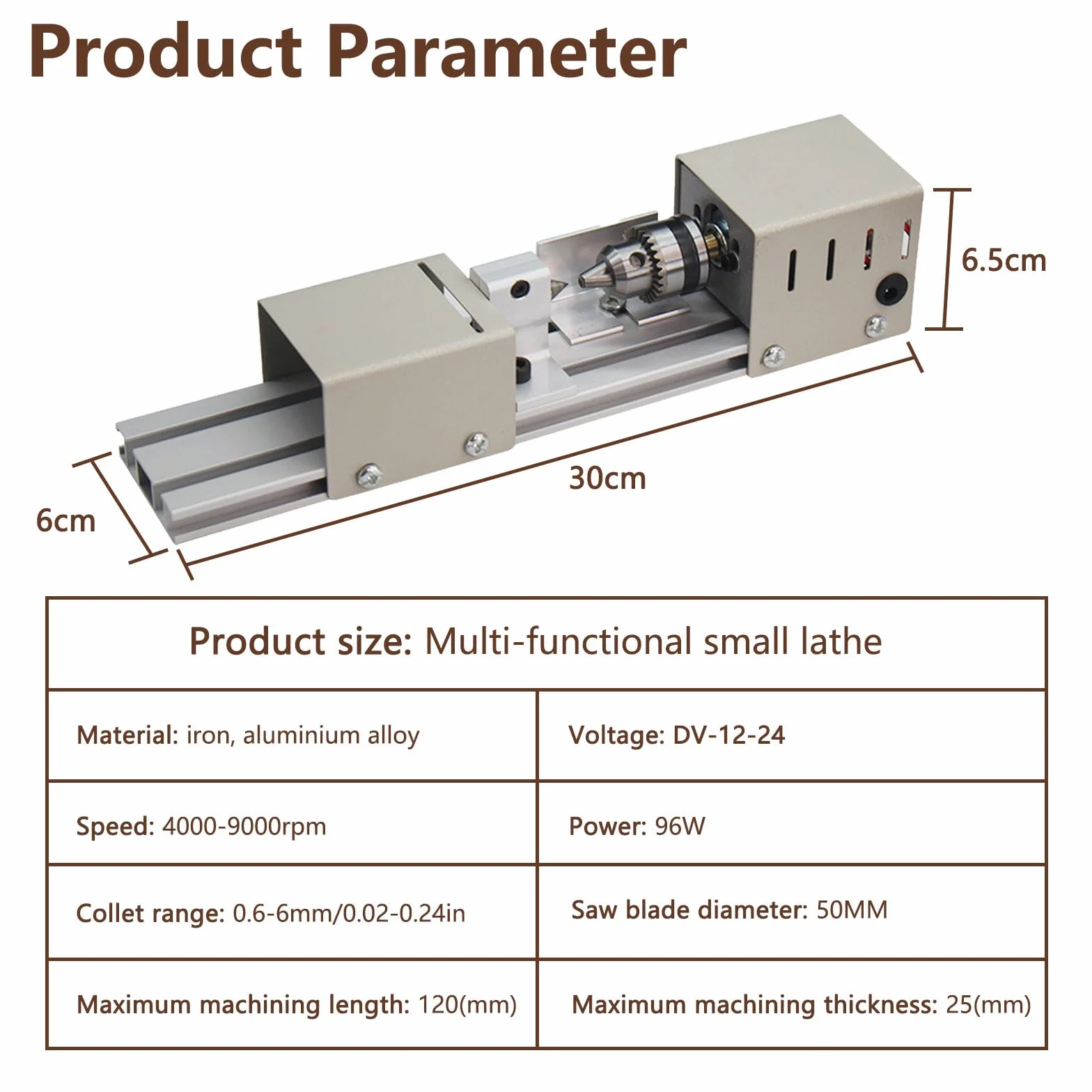 Mini torre de metal, 96 W, 4000-9000 rpm, 7 velocidades, rango de sujeción de 0,6 a 6 mm, torno de mesa para carpintería DIY