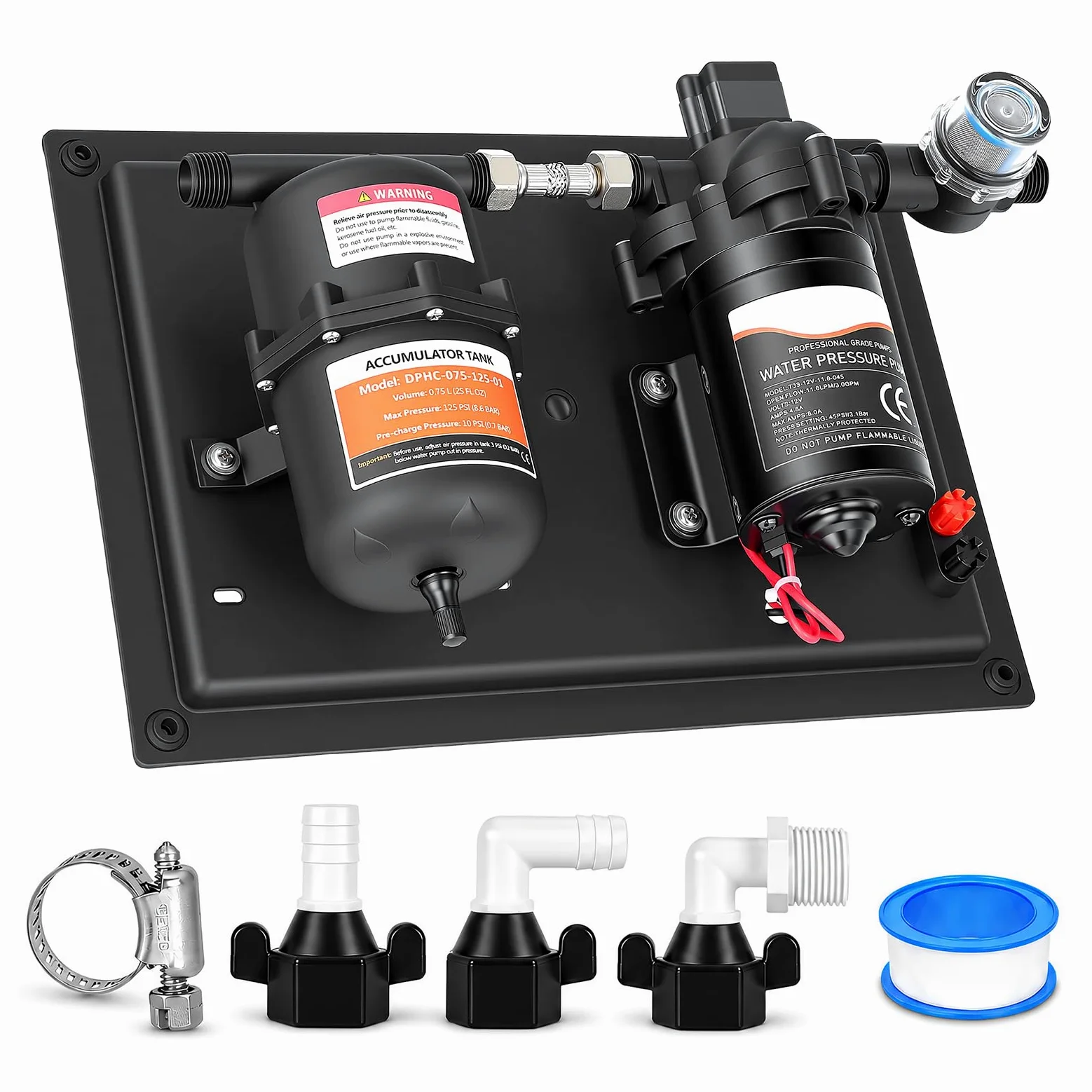 Sistema de presión de agua DC 12 V con memoria de presión de 0,75 L, bomba de diafragma autocebante de 3,0 GPM 50 PSI con filtro y ajuste de presión, bomba de suministro de agua silenciosa para