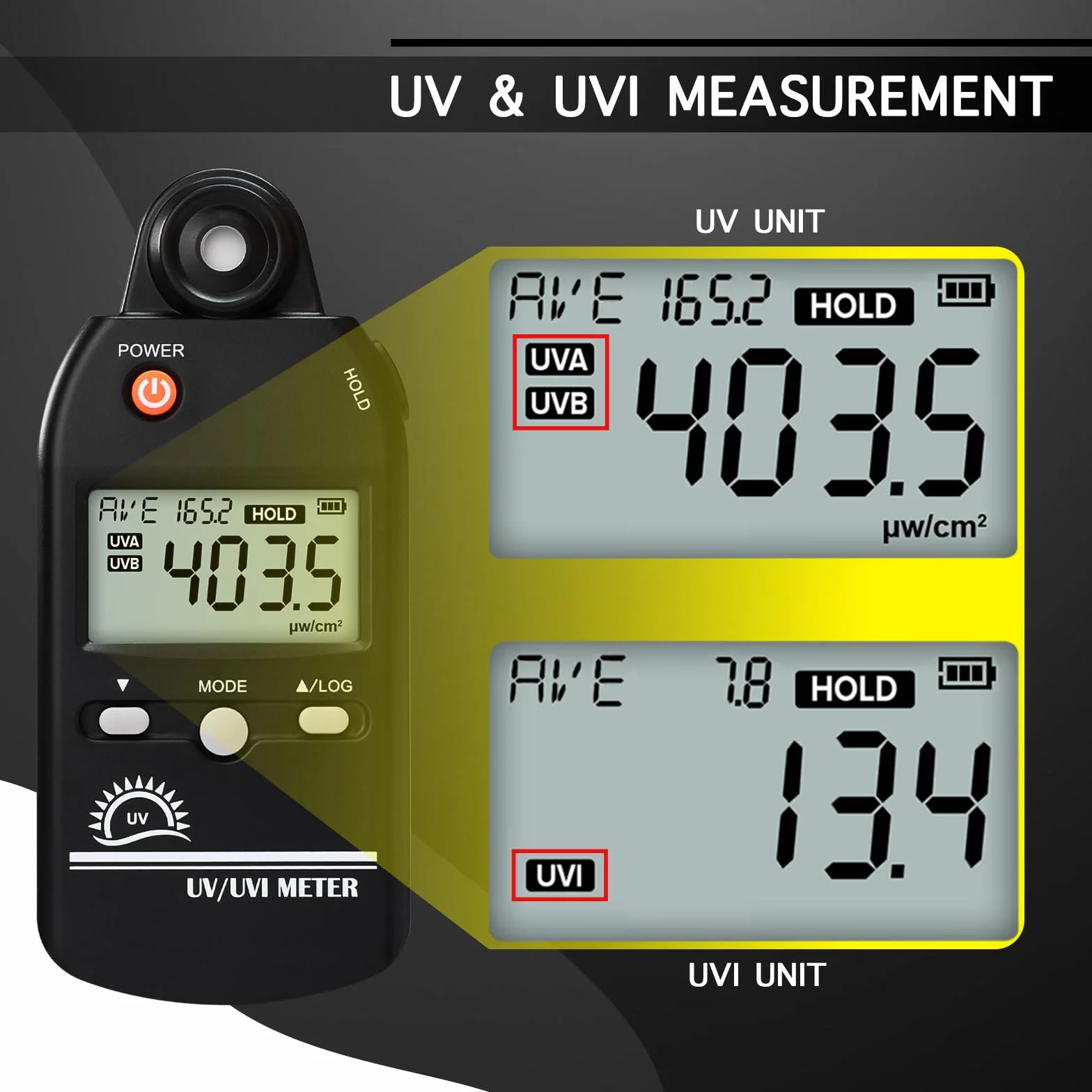 Medidor UV digital UVB 280-400 nm UV/UVI conmutable 0-5000 μW/cm² detector registro datos 100 grupos