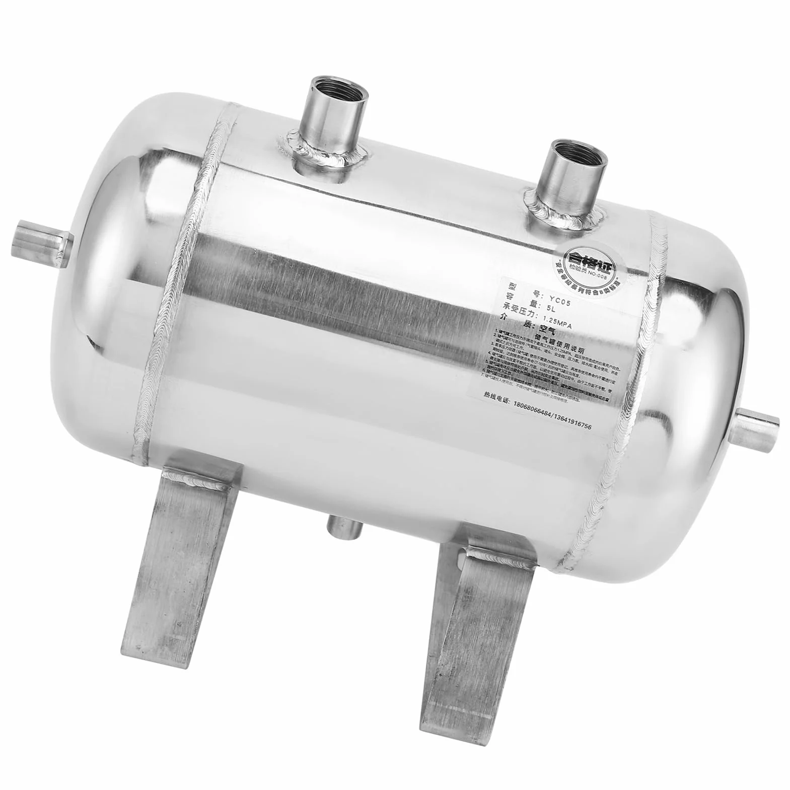 Tanque de Almacenamiento de Gas de Acero de 5 Litros Depósito de Aire Contenedor de 4 Puertos de Acero Inoxidable 304 con Alta Presión 1/4NPT para Uso Industrial Médico y