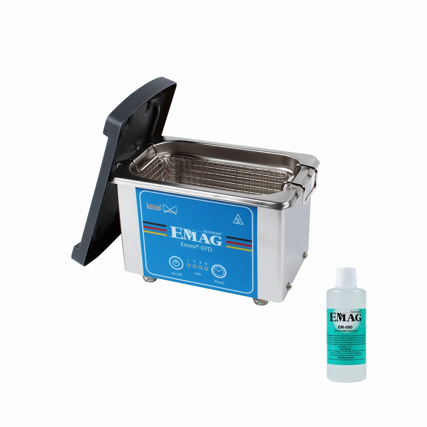 Limpiador ultrasónico EMAG Emmi 07D de acero inoxidable, dispositivo de limpieza para gafas, también joyas y relojes + temporizador, dispositivo de limpieza por ultrasonidos de Alemania, 500 ml