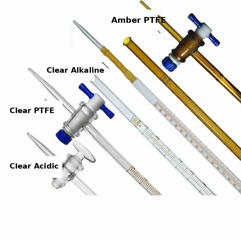 Bureta de Vidrio Profesional Clase A - Bureta Micro Borosilicato 10-100ml para Titulación de Laboratorio con Llave PTFE Universal(50ml Transparent PTFE)