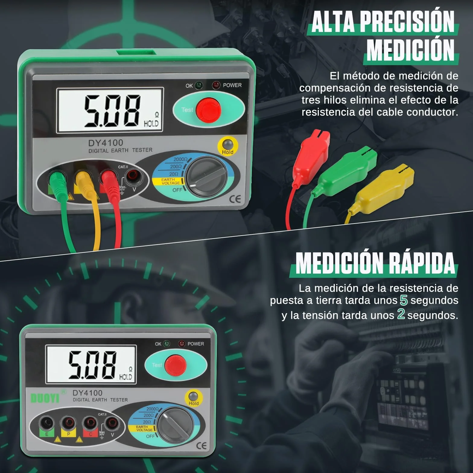 KAISAL Probador de Resistencia de Tierra Eléctrica 0~2000Ω Medidor de Resistencia a la Tierra Digital LCD Máquinas de Medición de la Resistencia del Suelo Megohómetro