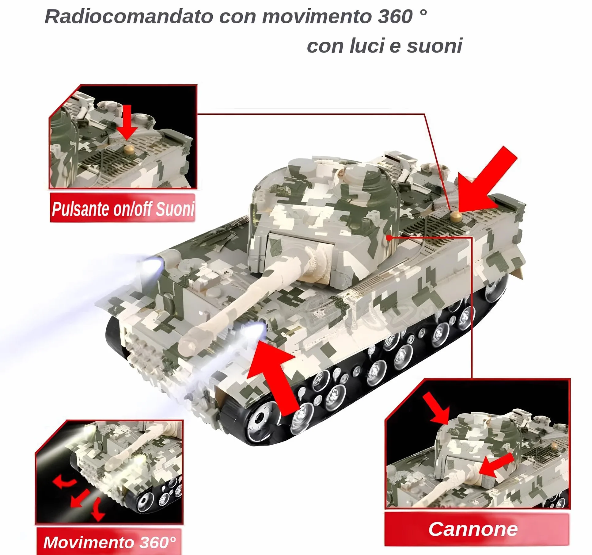 Tanque Teledirigido Militar Grande 28 cm con Luces y Efectos Sonoros, Torre Giratoria 360° Battle Tank RC
