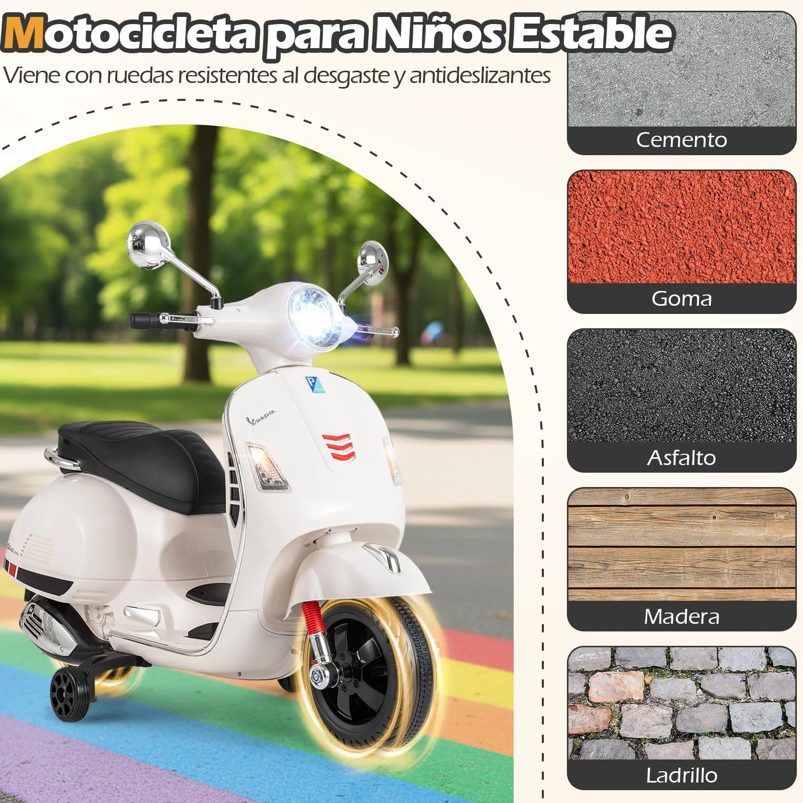 COSTWAY Moto Eléctrica para Niños Vespa 12V, 4 Ruedas, Música, Bocina, Faros, Motocicleta Infantil con Motor Doble, 3-6 Años