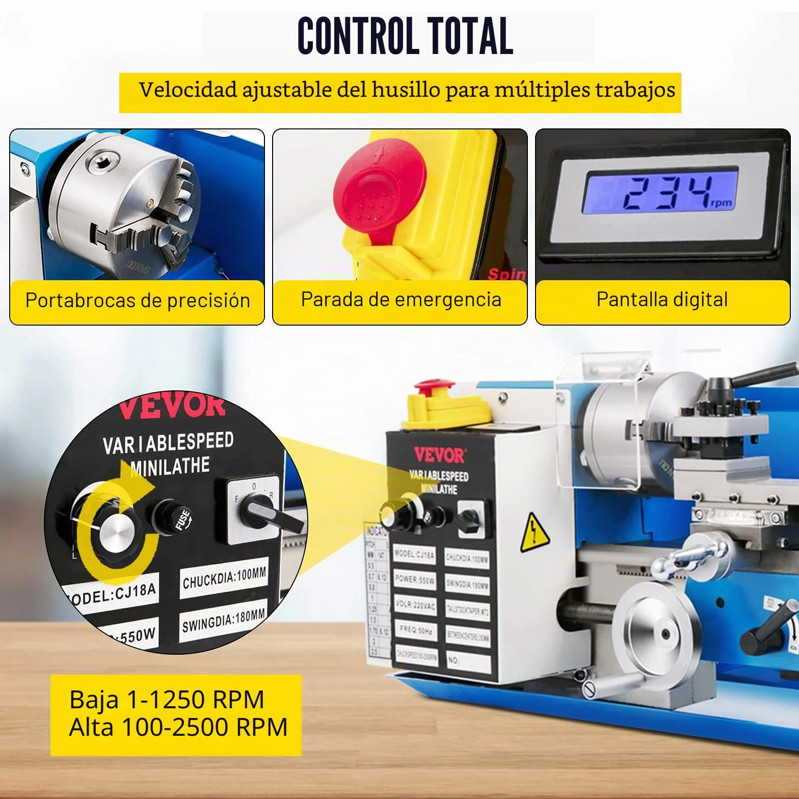 VEVOR Mini Torno de Metal 550W 7"x14" 0-2500 RPM Fresadora Con Hilo en Pulgadas 12-52 TPI y Rosca Métrica 0,5-2,5 mm Para Metales Blandos, Aluminio, Cobre, Vidrio
