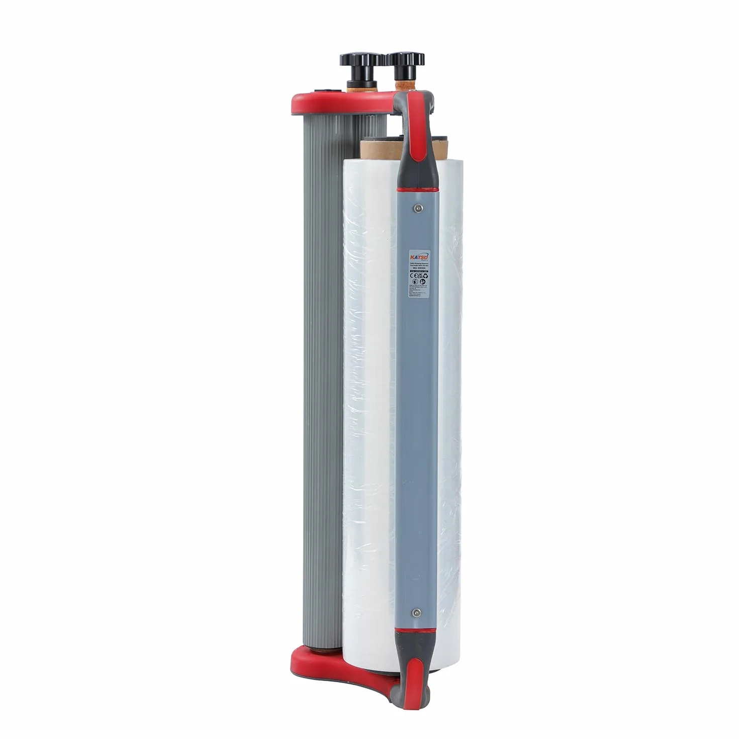 KATSU Tools Herramienta dispensadora manual de película estirable, tensión ajustable, máquina de embalaje de palés de cartón, 1 rollo de película de 3 kg incluido