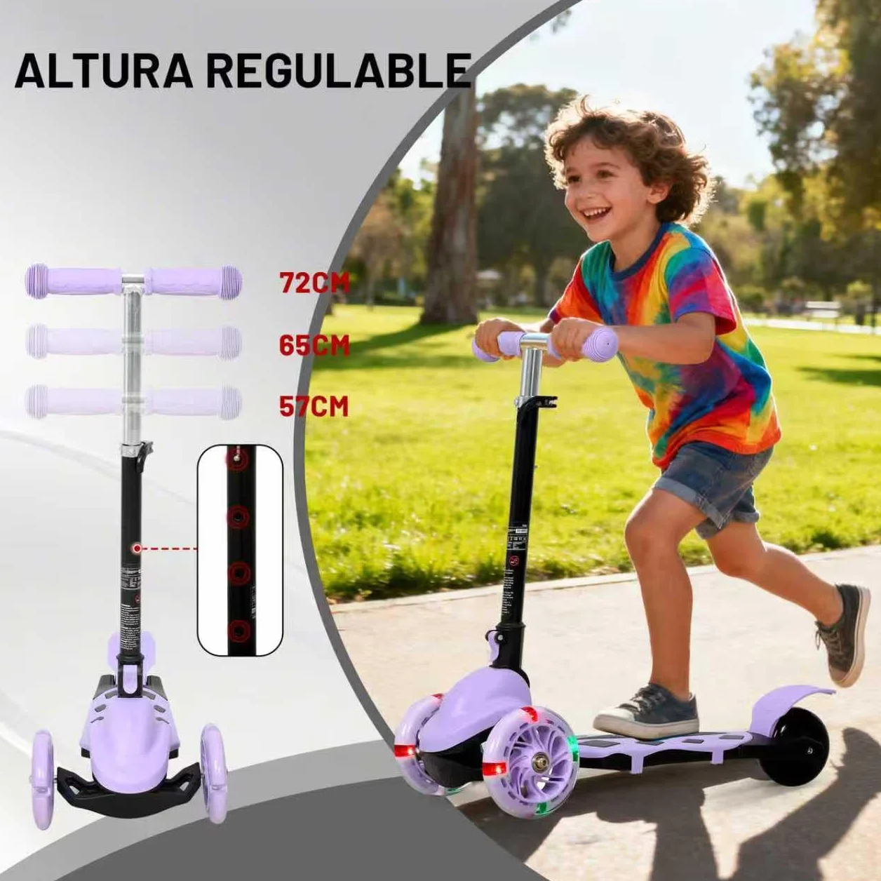 Patinete Scooter Plegable 3 Ruedas para Niños 2-5 Años, Manillar Ajustable 57-72cm, Luces y Freno Posterior, Máx. 50kg