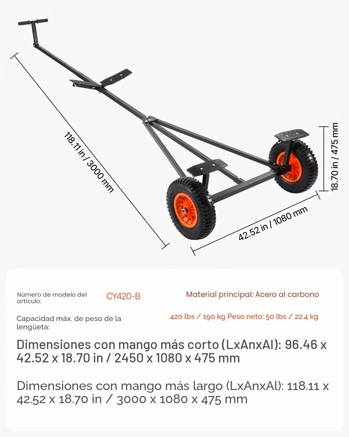 VEVOR Plataforma para Remolque de Barco, Carga de 190 kg, Plataforma para Remolque de Acero al Carbono con Longitud Ajustable, Neumáticos y Soporte Antideslizante para Mover Kayak, Lancha Motora