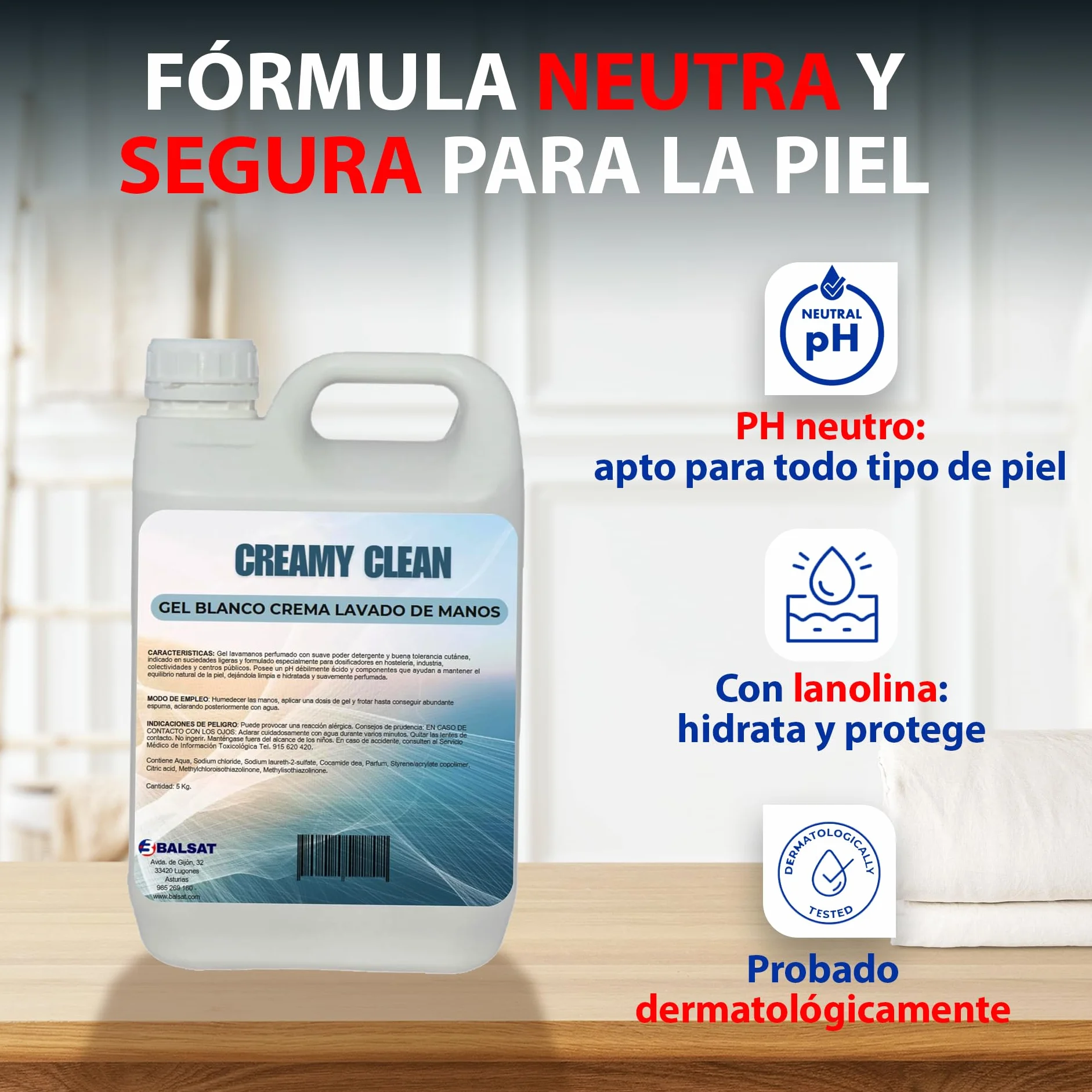 BALSAT Jabón de Manos CREAMYCLEAN Garrafa 5L Gel Neutro Dermoprotector Lanolina