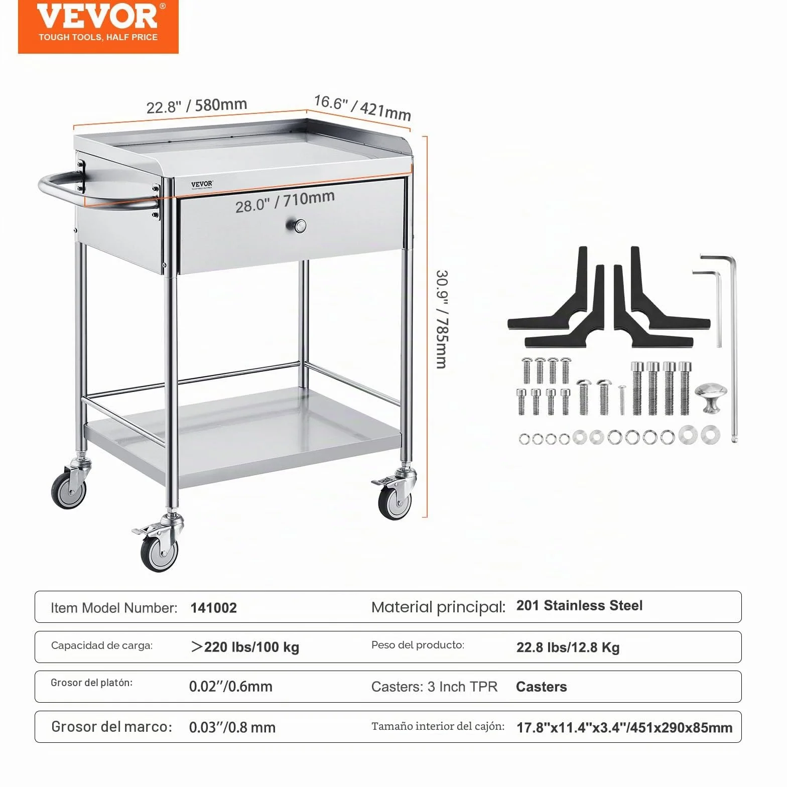 VEVOR Carro de Laboratorio de Acero Inoxidable 2 Niveles Carrito de Médico 71x42x78,5 cm Carro con Cajón Carga de 100 kg Movimiento Silencioso para Almacenamiento Clínico Cocina Hotel Salón de Belleza