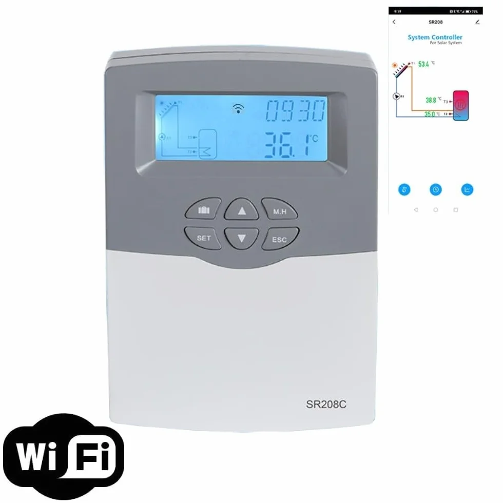 Controlador De Calentador De Agua Solar Inteligente Con WIFI SR208C, Aplicación For Control Remoto, Sensor De Temperatura, Medición De Tanque Y Colector(SR208C WiFi Version)