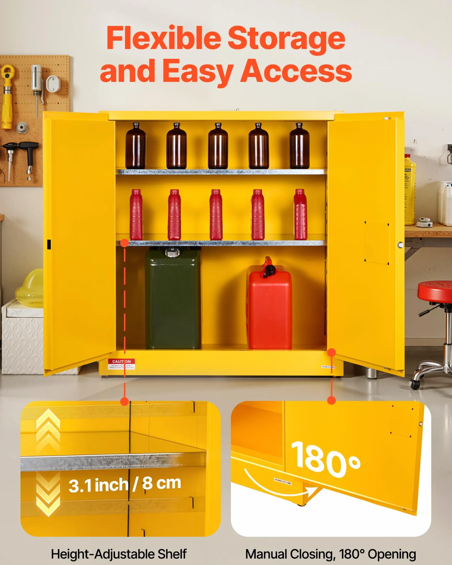 VEVOR Gabinete para Materiales Inflamables, Gabinete Ignífugo 109,2 x 46 x 118 cm de 110 L de Acero Laminado en Frío y Galvanizado con Estante Ajustable para Uso Comercial y Doméstico, Amarillo
