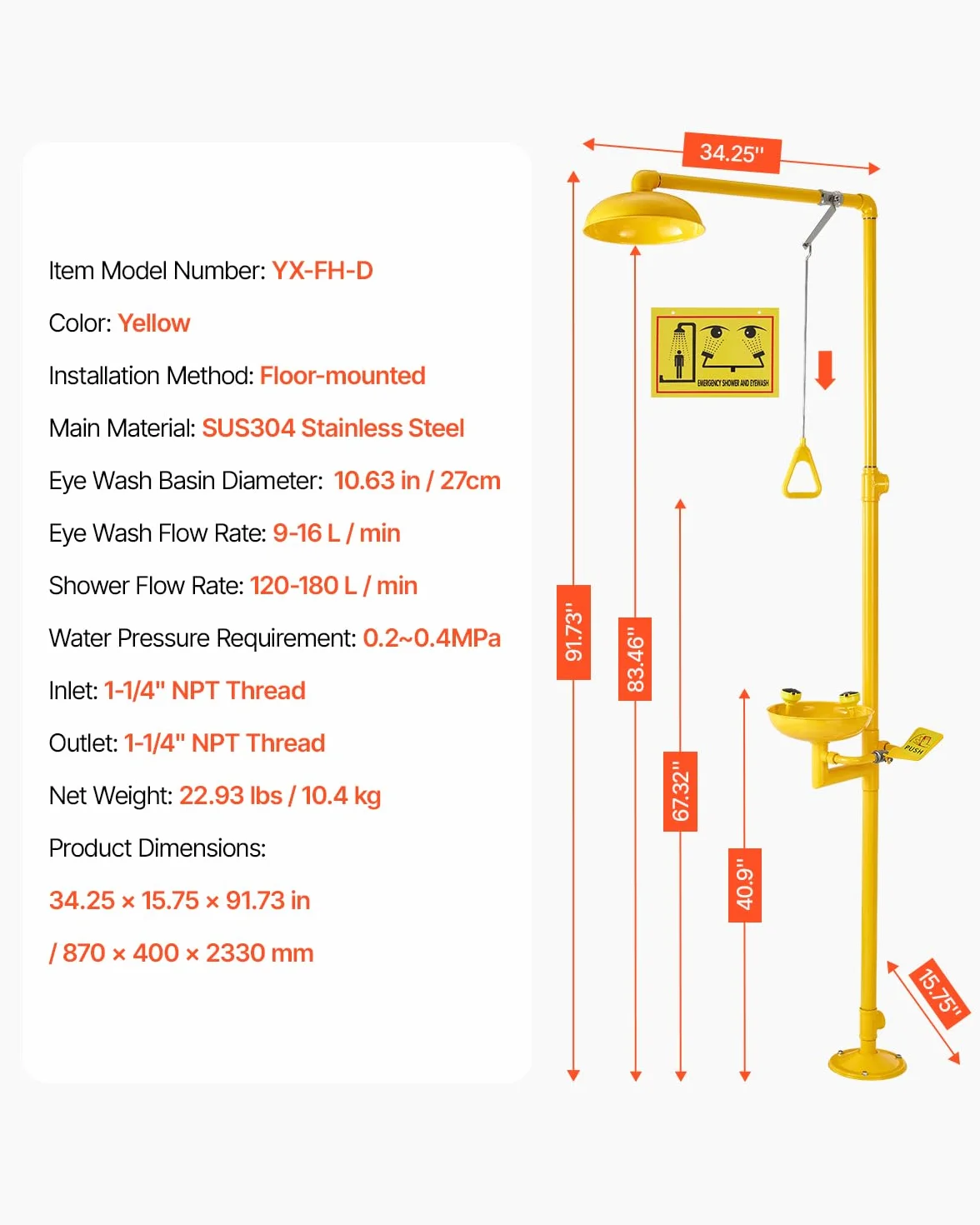 VEVOR Estación Lavaojos de Emergencia, Estación Lavaojos con Ducha de Emergencia 87 x 40 x 233 cm Diámetro del Lavabo para Lavado de Ojos de 27 cm para Escuelas, Laboratorios y Fábricas, Amarillo