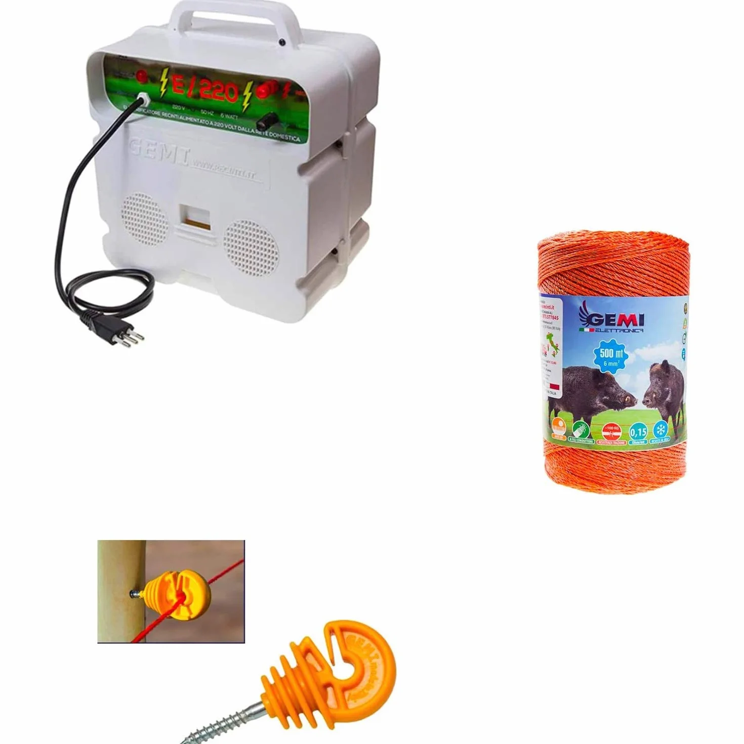 Pastor Eléctrico 220V 1 Electrificador + 500 m Hilo Conductor 6 mm² + 100 Aisladores para Postes de Madera