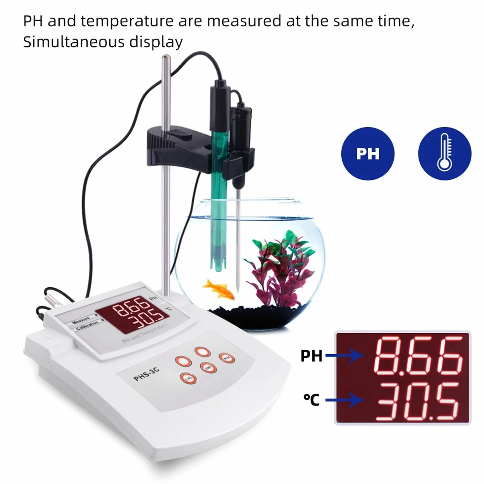 Medidor de pH digital de escritorio, medidor de pH de sobremesa for laboratorio, precisión de pH de ±0,01, pH/temperatura, 2 electrodos, calibración automática de 2 puntos