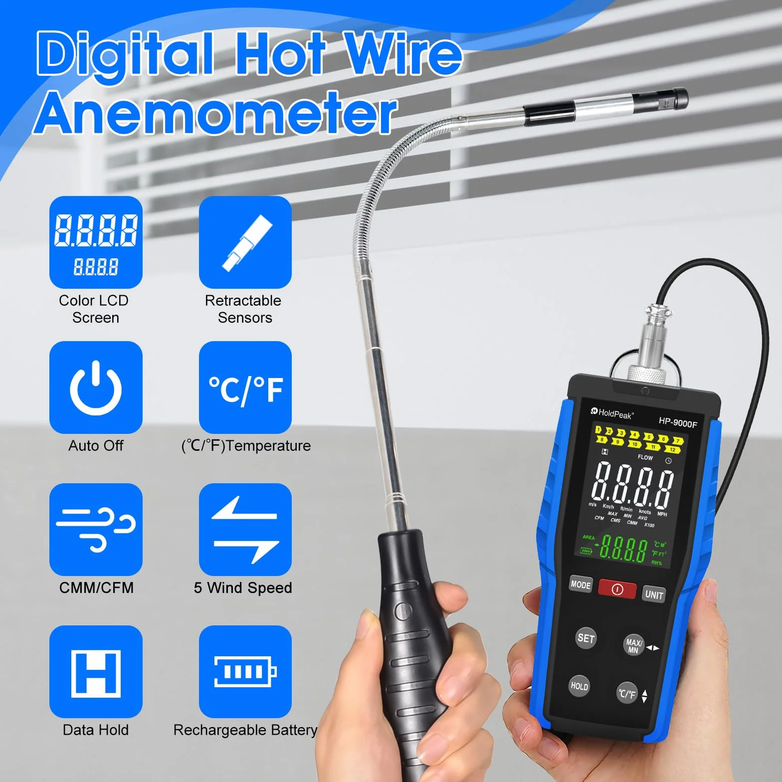 HOLDPEAK Anemómetro Digital con Sensor Retráctil, Medidor de Velocidad del Viento de Alta Precisión, Temperatura y Cierre Automático