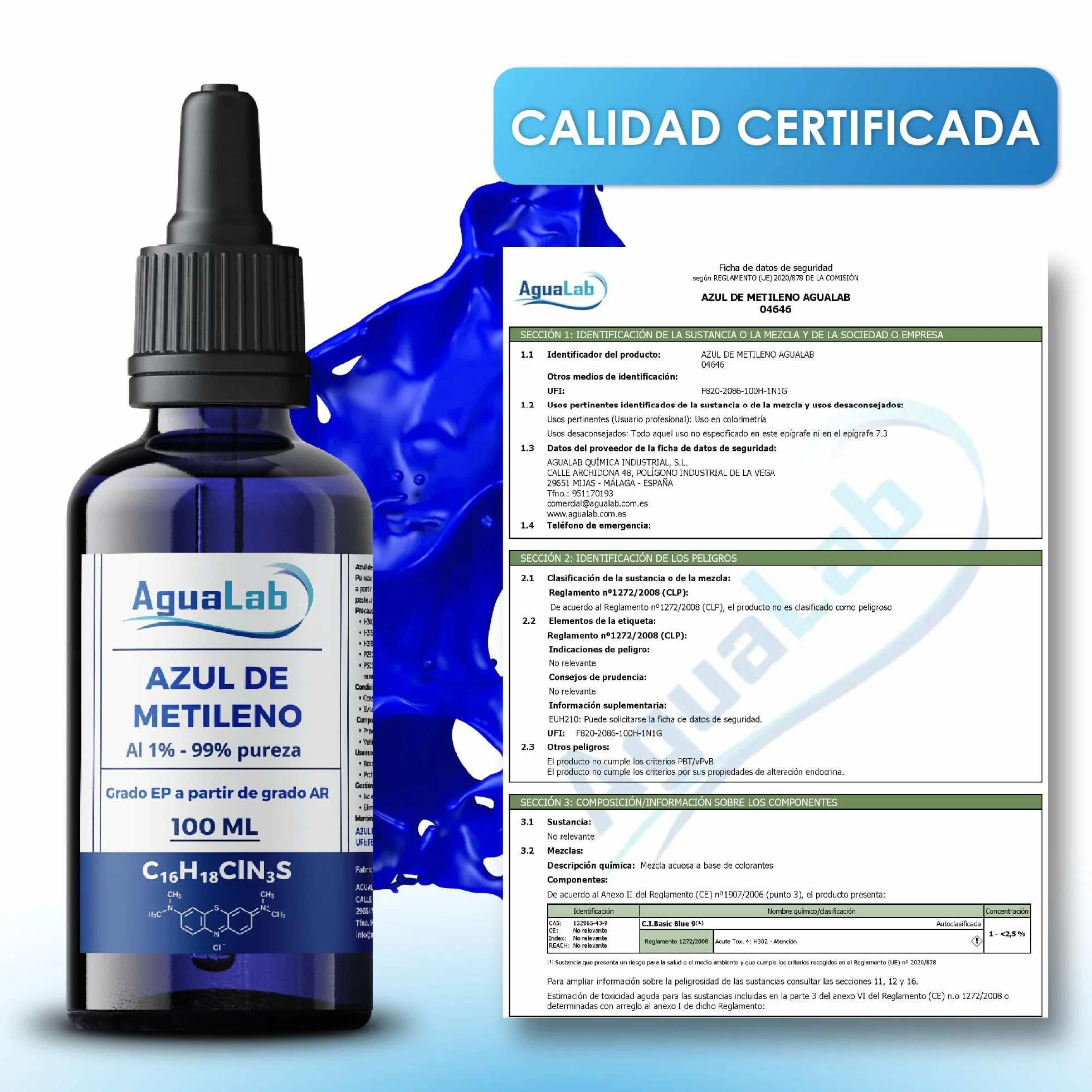 Solución de Azul de Metileno 1% EP-USP 99% 100 ml Grado Farmacéutico Vidrio Azul Protector UV con Gotero