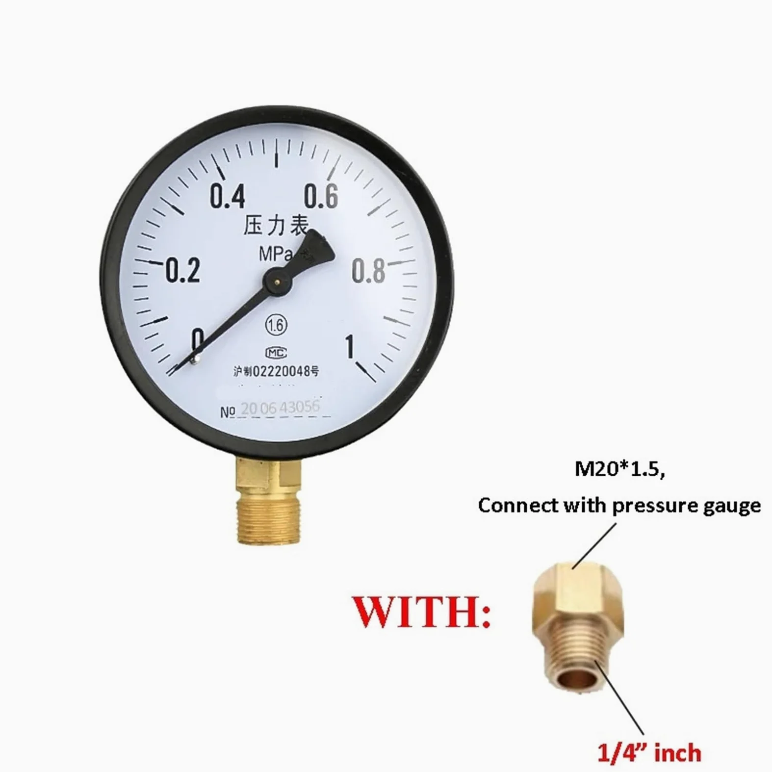 Manómetro de presión de agua/aire/vacío con dial de 100 mm Manómetro universal de agua a gas con rosca métrica M20*1,5 Unidad Manómetro Mpa(Only Gauge,0-0.1Mpa)