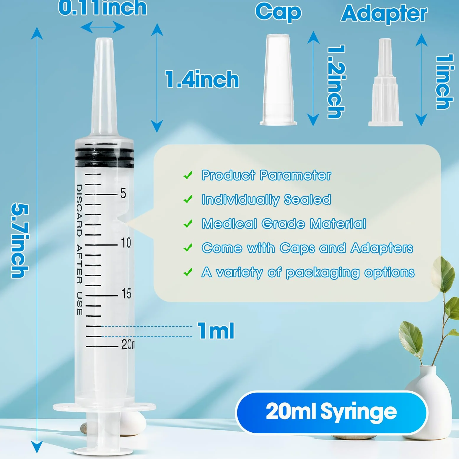 Jeringa de 20 ml para líquido, paquete de 50 jeringas grandes de plástico con adaptadores y tapa, jeringa sellada individualmente para alimentación, gelatina, agua de riego y laboratorios científicos