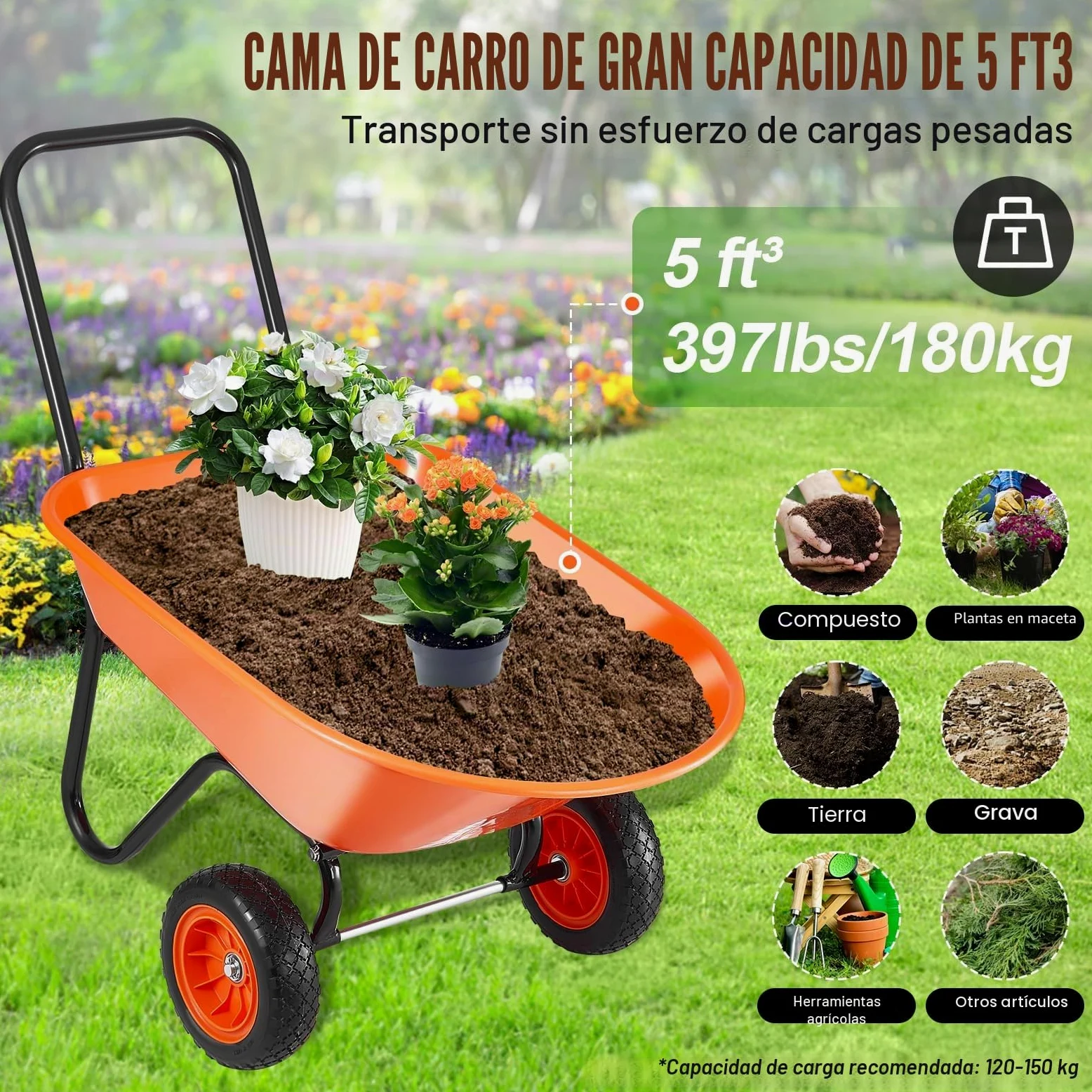 VEVOR Carretilla para Jardín Carga de 180 kg Carro de Descarga con 2 Ruedas de 25,4 cm y Asa Carro Utilitario de Fácil Carga Carrito para Césped al Aire Libre, Patio, Granja, Naranja y Negro