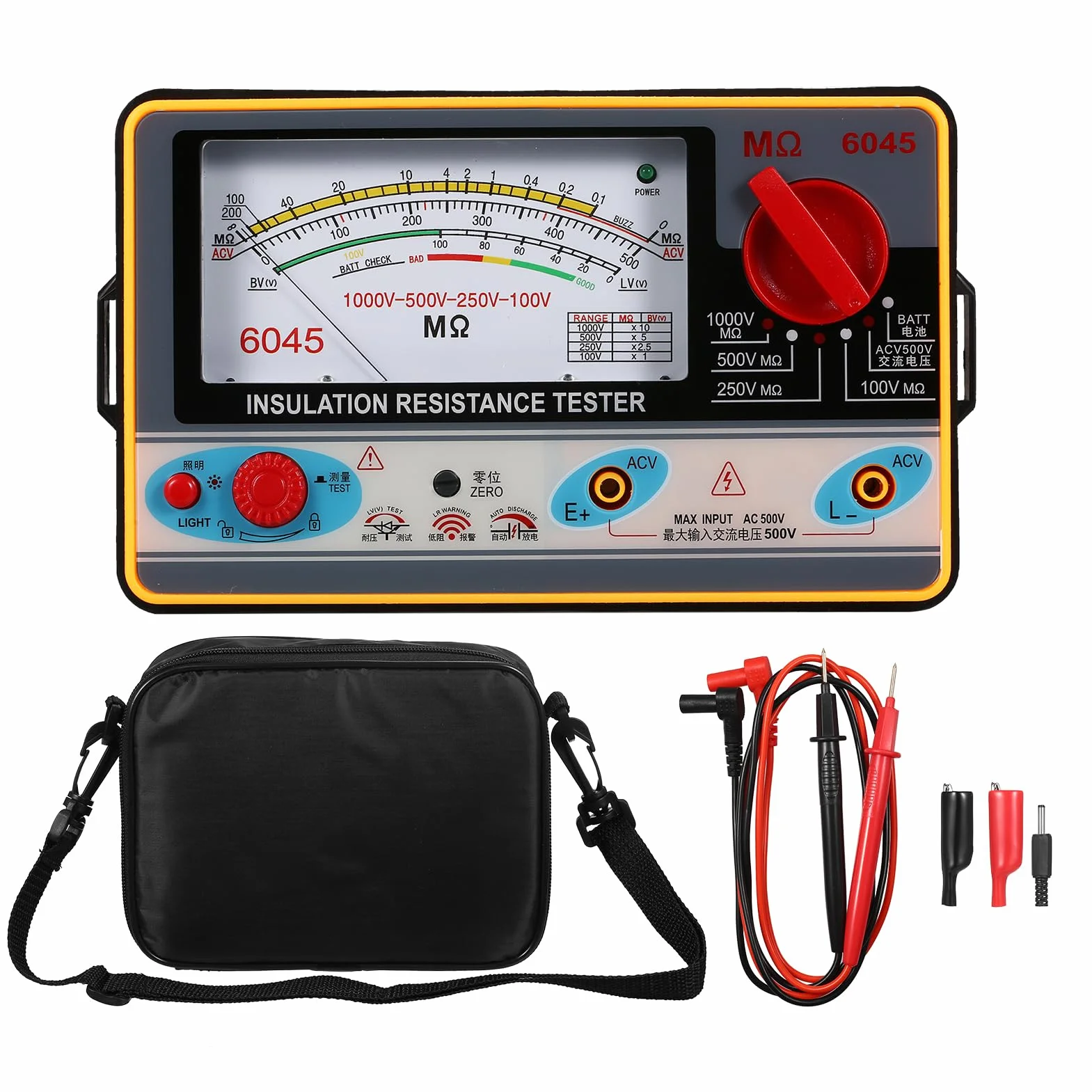 Medidor de resistencia de aislamiento Ohmímetro digital Megger Probador de aislamiento portátil Megámetro 0-2000MΩ 100V / 250V / 500V / 1000V Instrumento de medición de aislamiento de megaohmímetro de