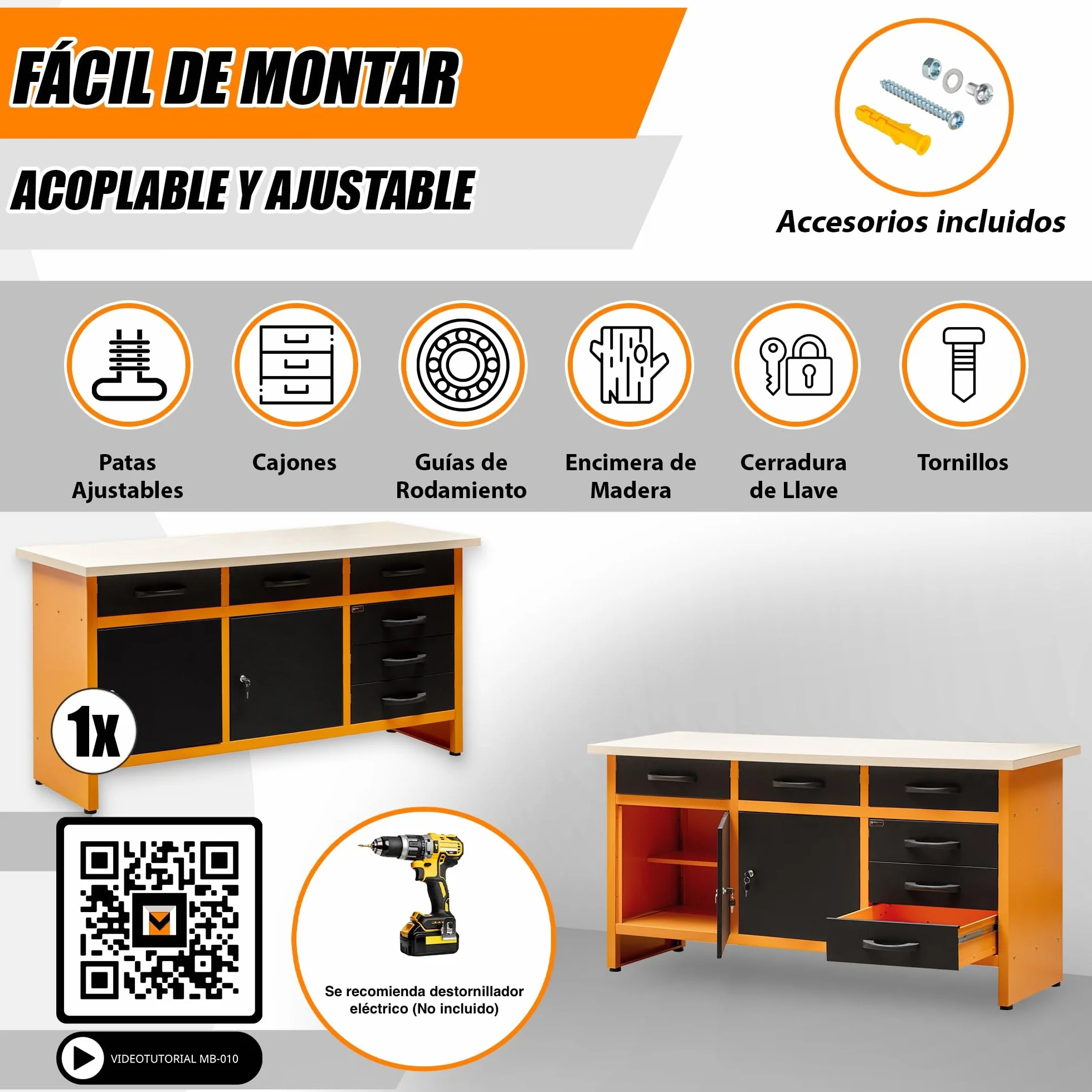 METALLMOBELL - Banco de Trabajo Profesional | 160x60x84cm, Cajones y Armario con Llave, Mesa de Trabajo Taller, Banco de Trabajo Taller, Mesa Trabajo, Banco de Carpintero, Banco Herramientas -MB010N-N