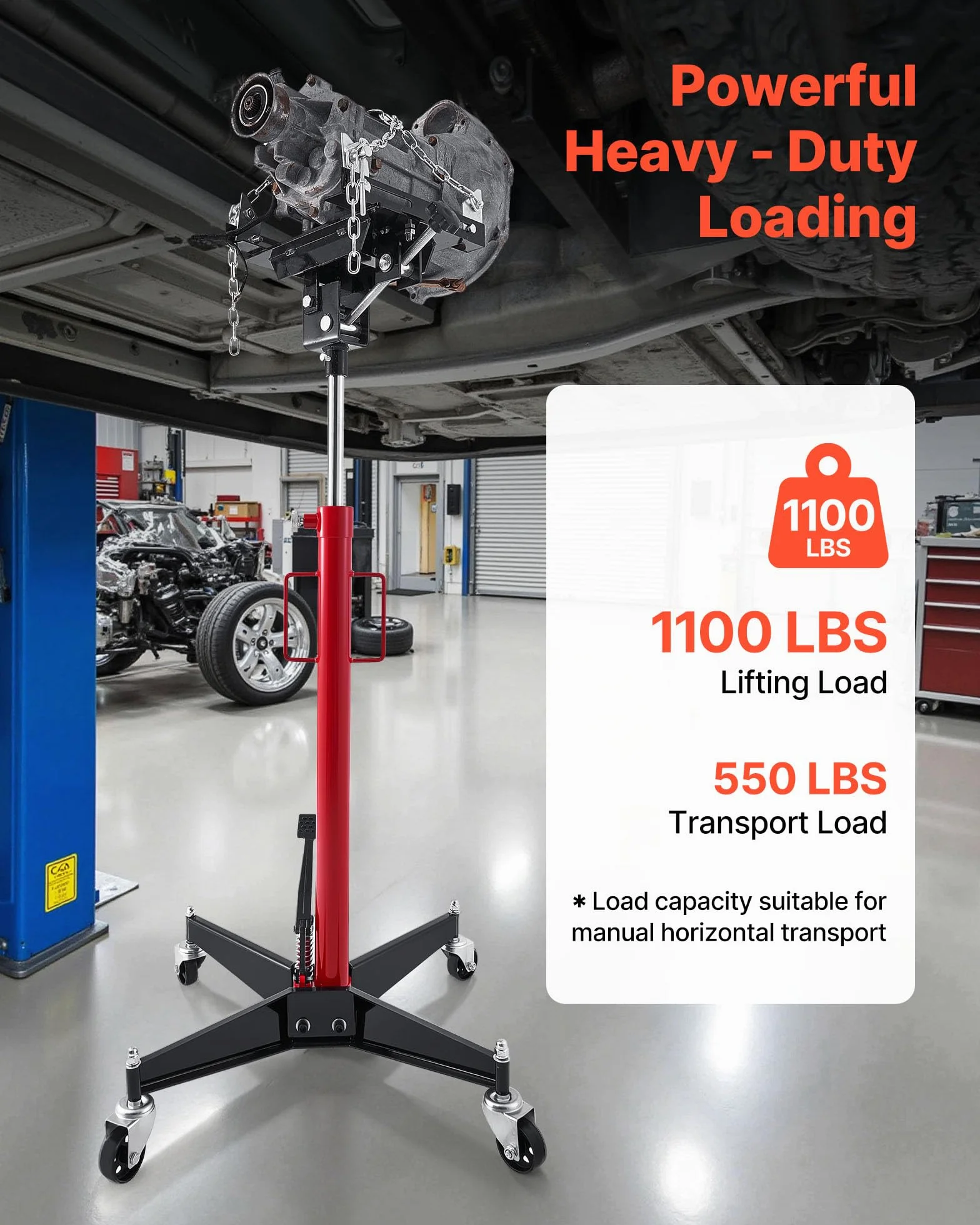 VEVOR Gato Hidráulico para Coche, Capacidad de Elevación 500 kg, con Pedal, Rueda Giratoria de 360°, Altura de Elevación de 127-202 cm, para Taller/Garaje, Rojo y Negro, 640 x 575 x 1360–2115 mm